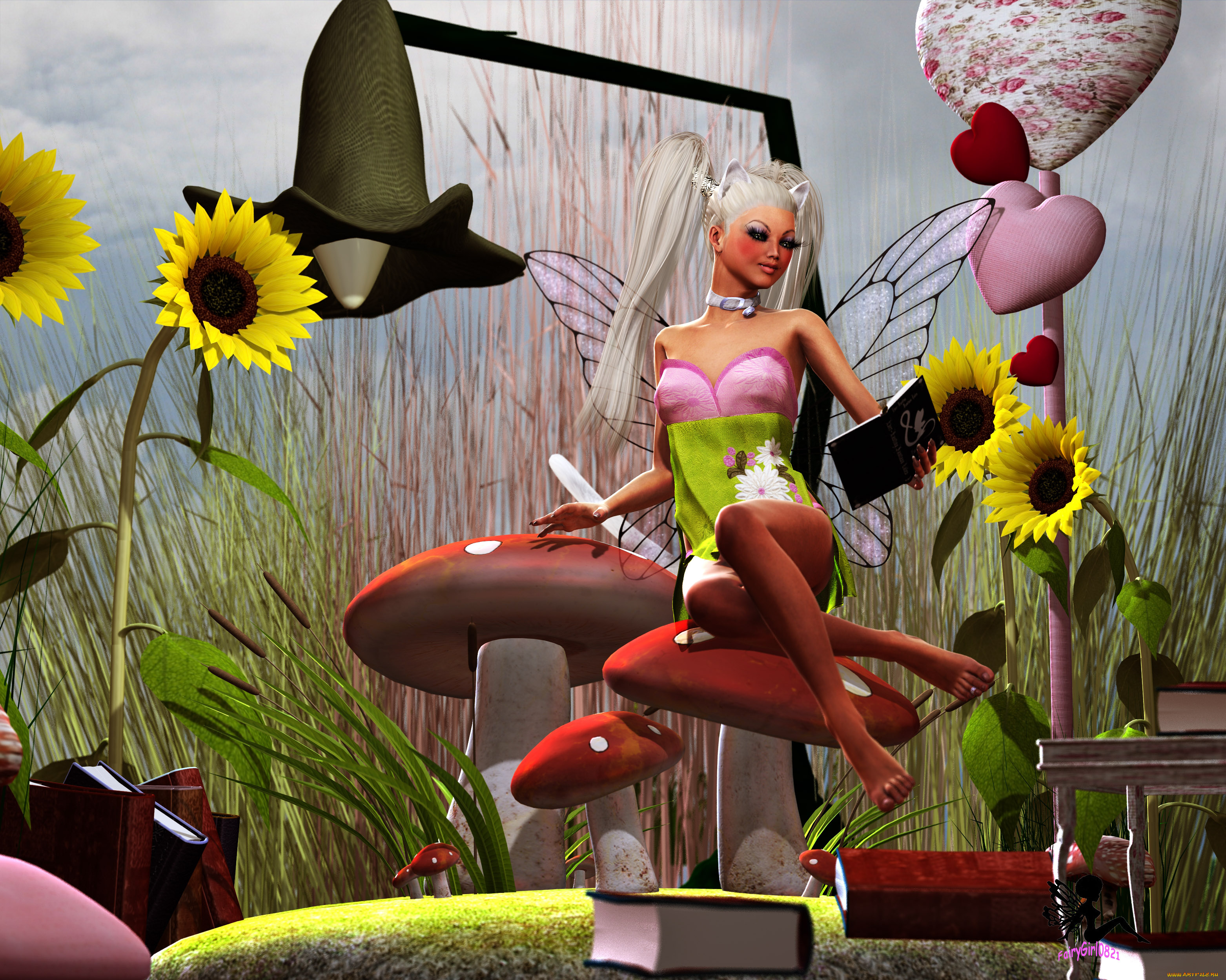 3д, графика, elves, эльфы, книги, камыш, эльфийка, подсолнухи