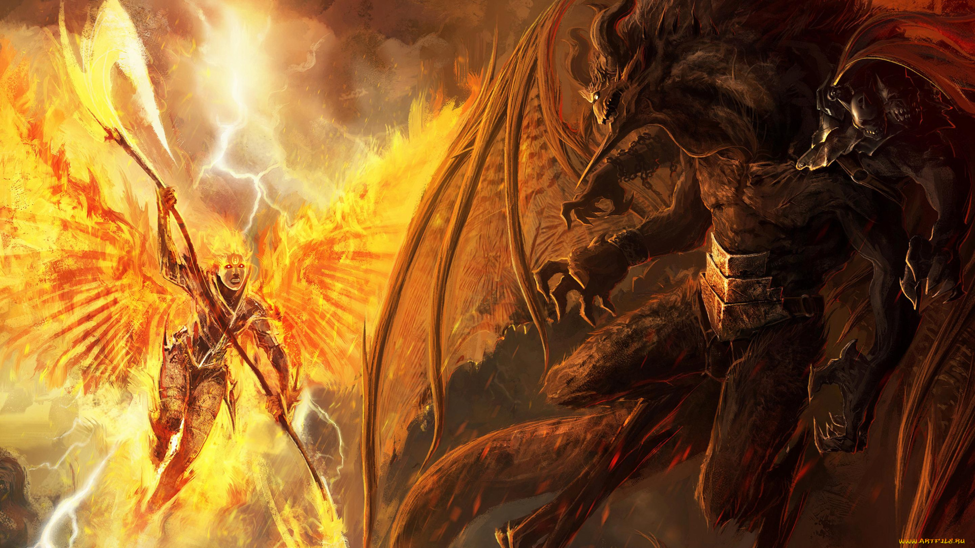 фэнтези, демоны, битва, крылья, оружие, молнии, искры, пламя