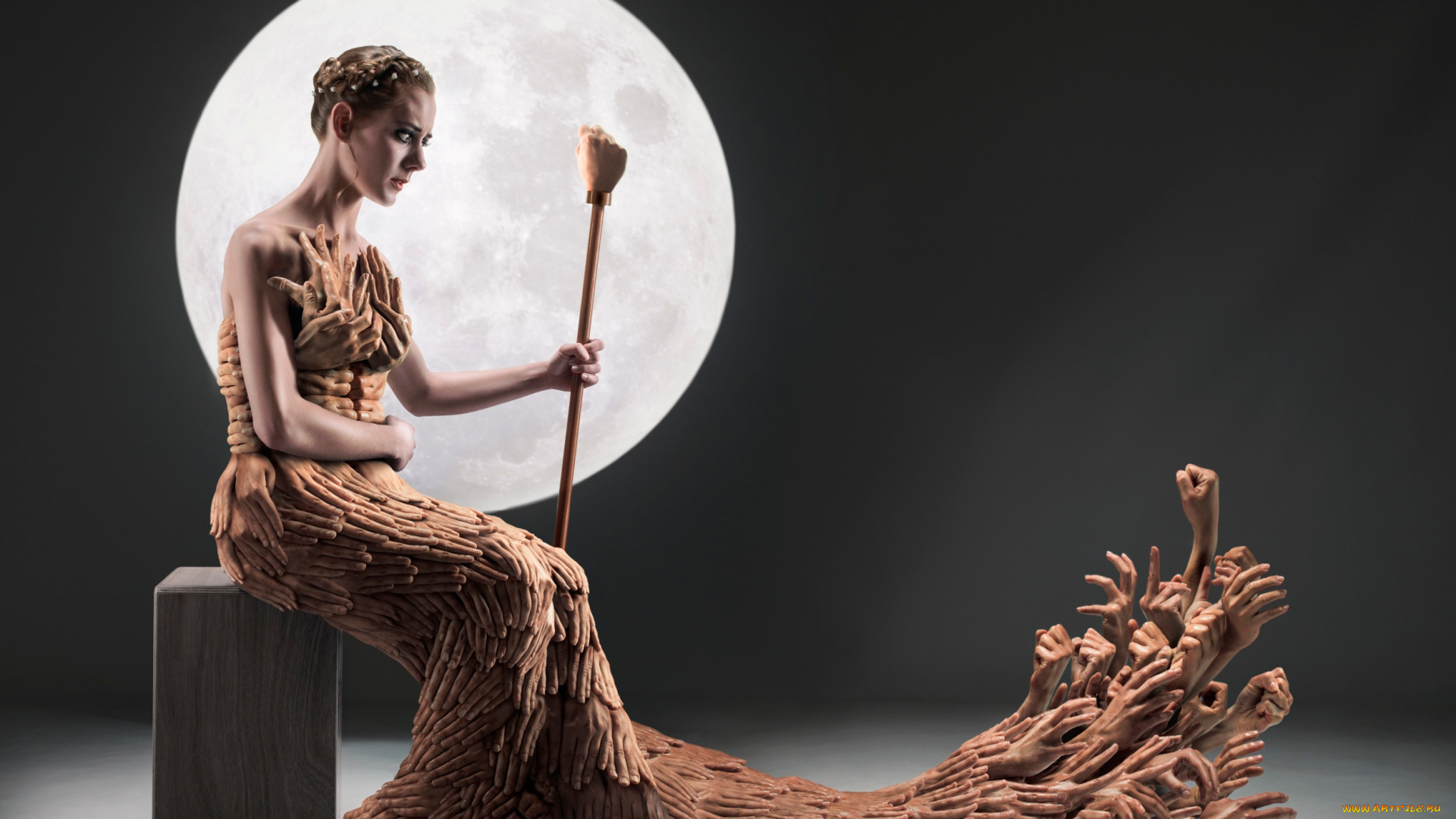 фэнтези, фотоарт, одежда, луна, посох, девушка, фантазия, пальцы, ладони