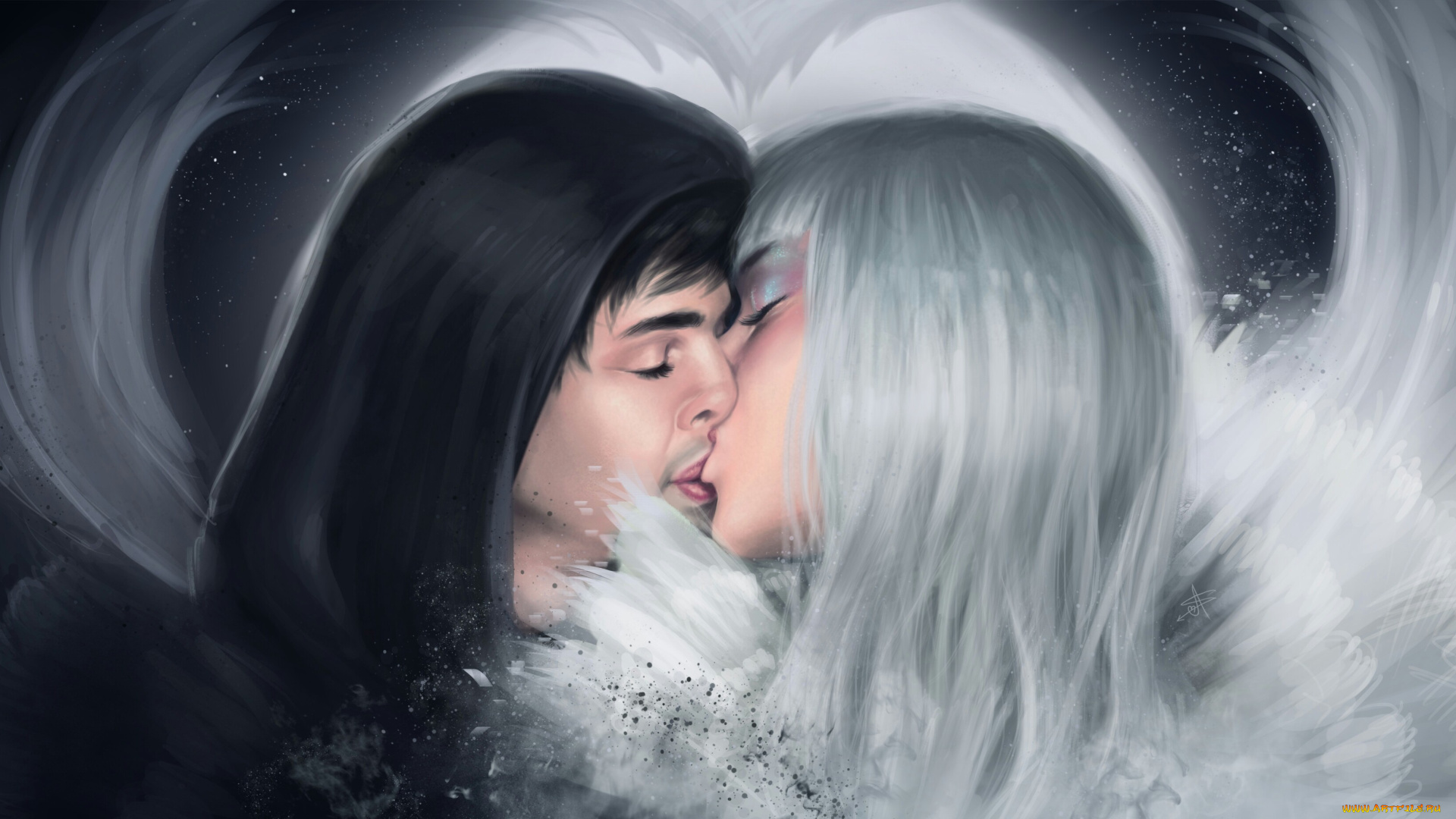 фэнтези, люди, девушка, парень, поцелуй, тьма, свет