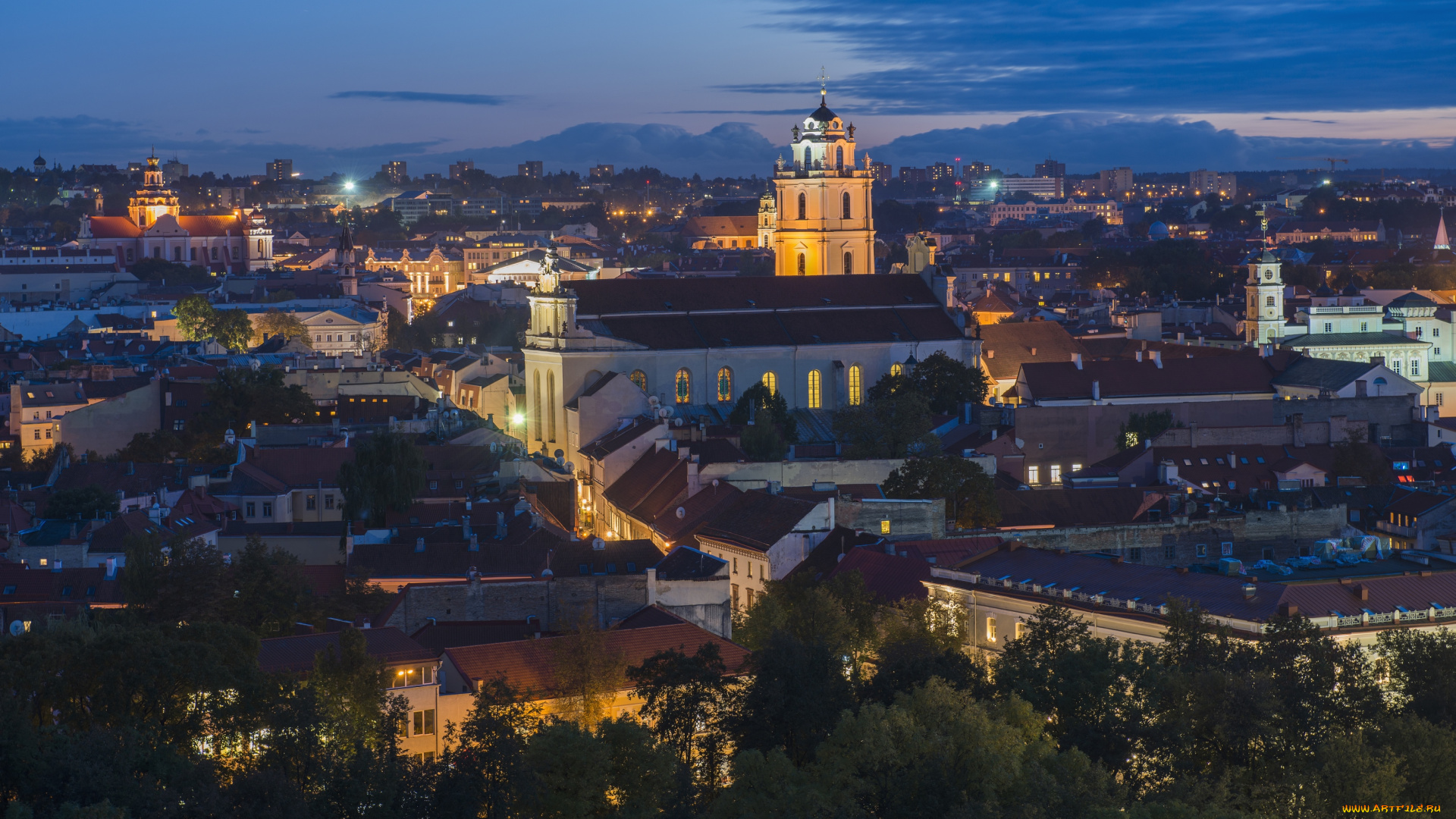 города, вильнюс, , литва, панорама, ночь