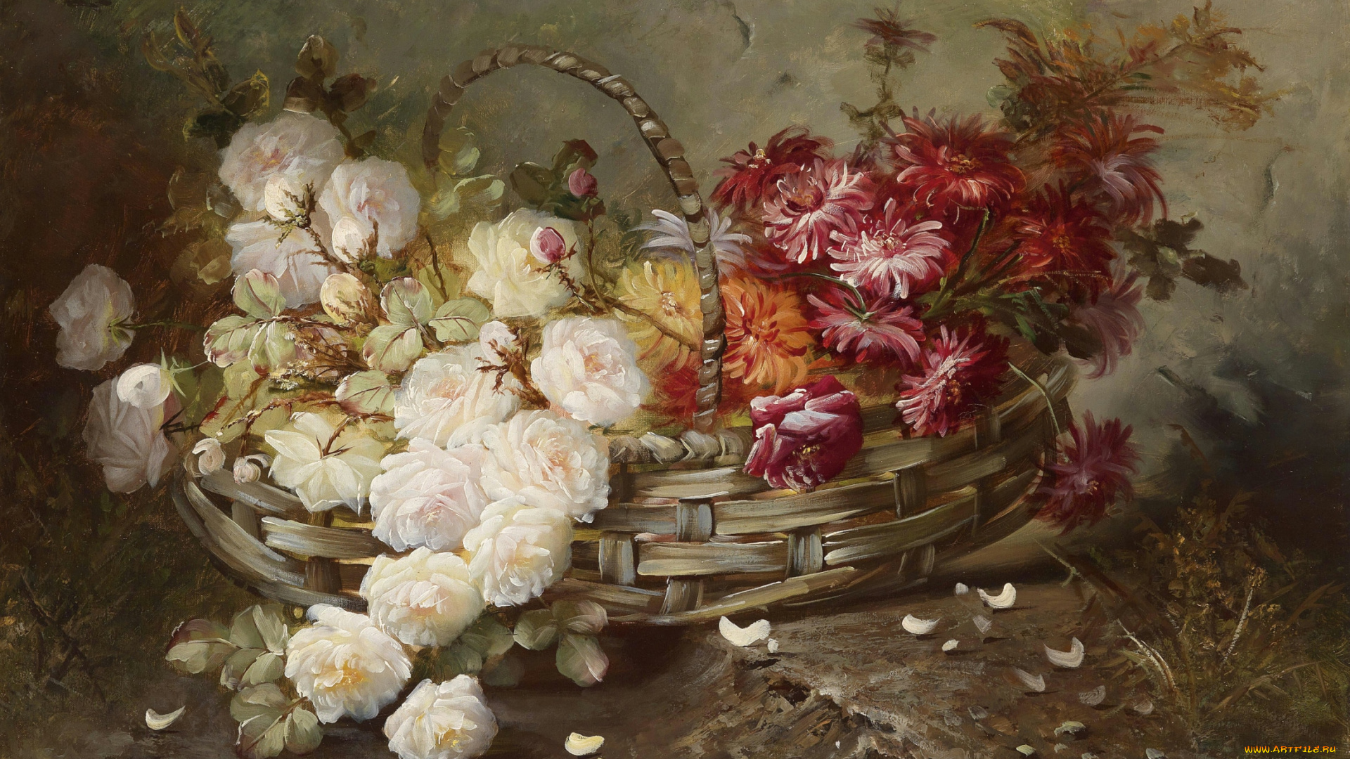 рисованные, цветы, корзина