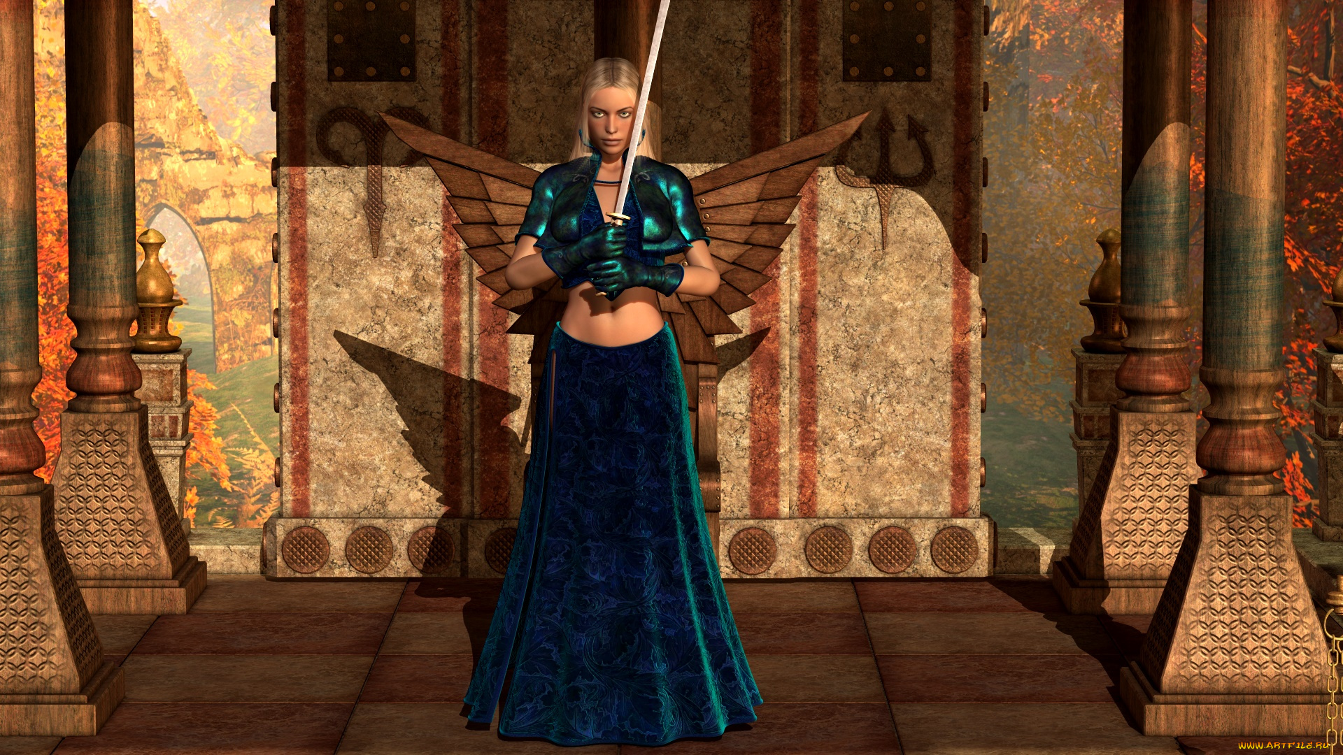 3д, графика, амазонки, , amazon, фон, взгляд, девушка, кресло, оружие