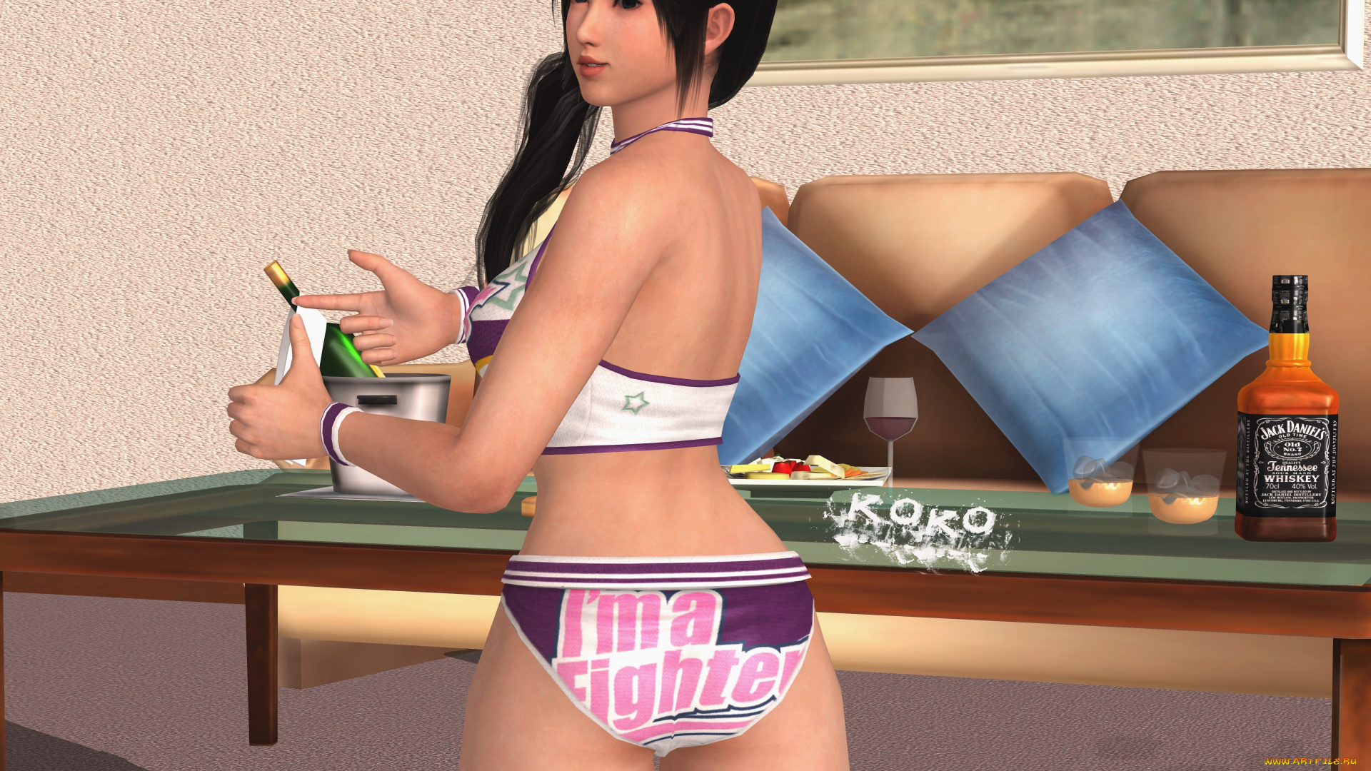 3д, графика, аниме, , anime, диван, напитки, взгляд, девушка, фон, стол, подушки