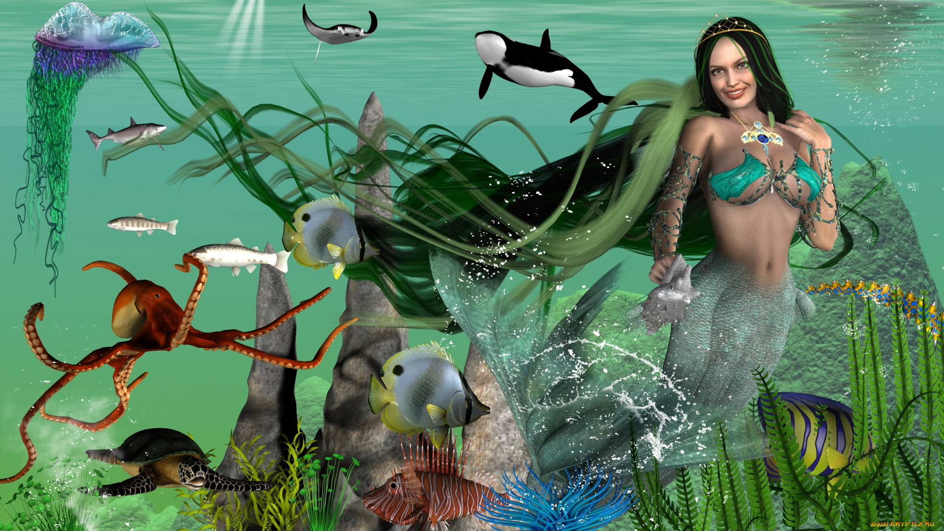 3д, графика, существа, , creatures, русалка, море, улыбка, фон, взгляд, девушка, рыбки, скат, акула, растения, медуза