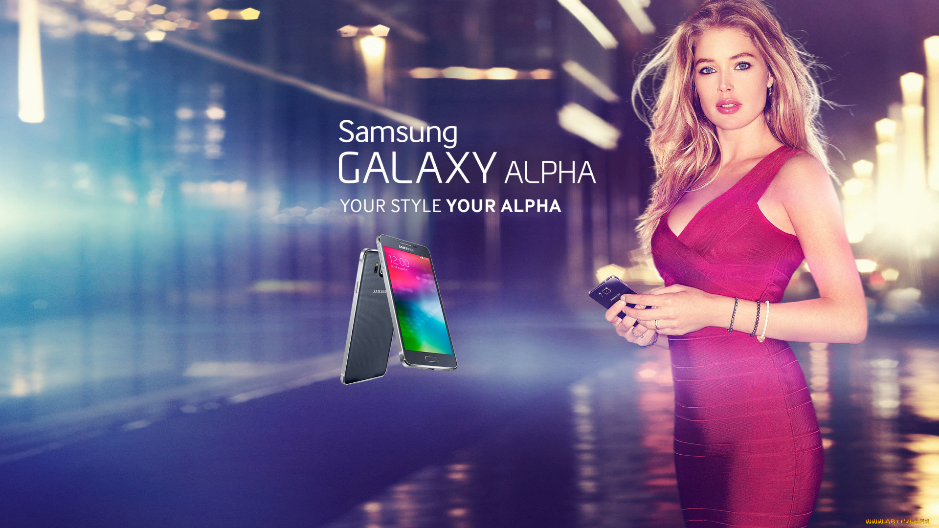 бренды, samsung, doutzen, kroes, модель, блондинка, реклама, смартфон, телефон, город, улица, огни
