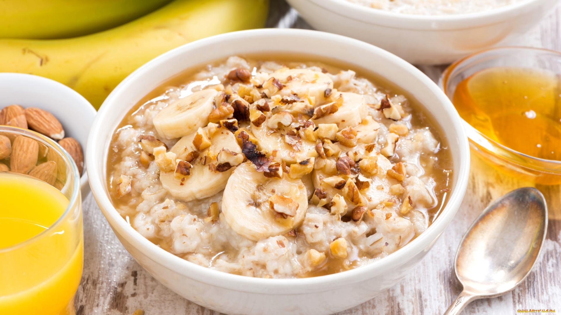 еда, мюсли, , хлопья, мед, бананы, орехи, овсянка, каша