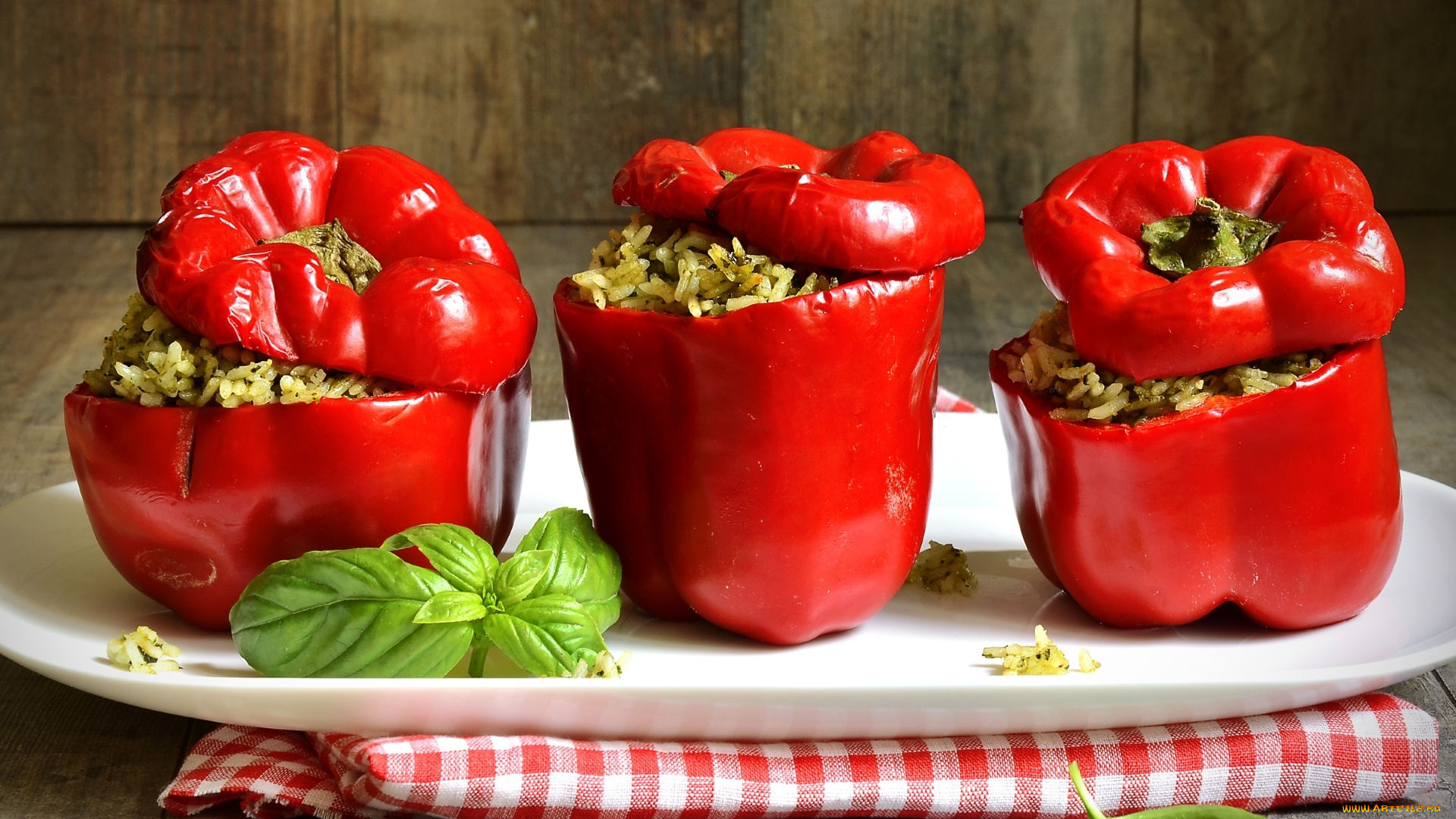 еда, перец, базилик, рис, фаршированные, перцы