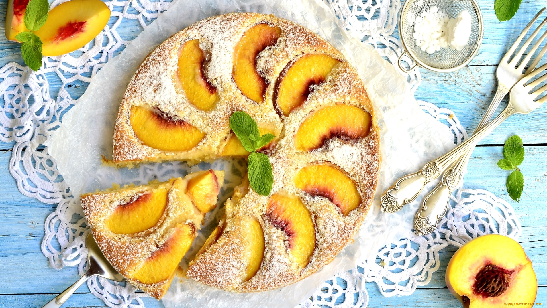 еда, пироги, сахарная, пудра, вилки, мята, персик, выпечка, пирог