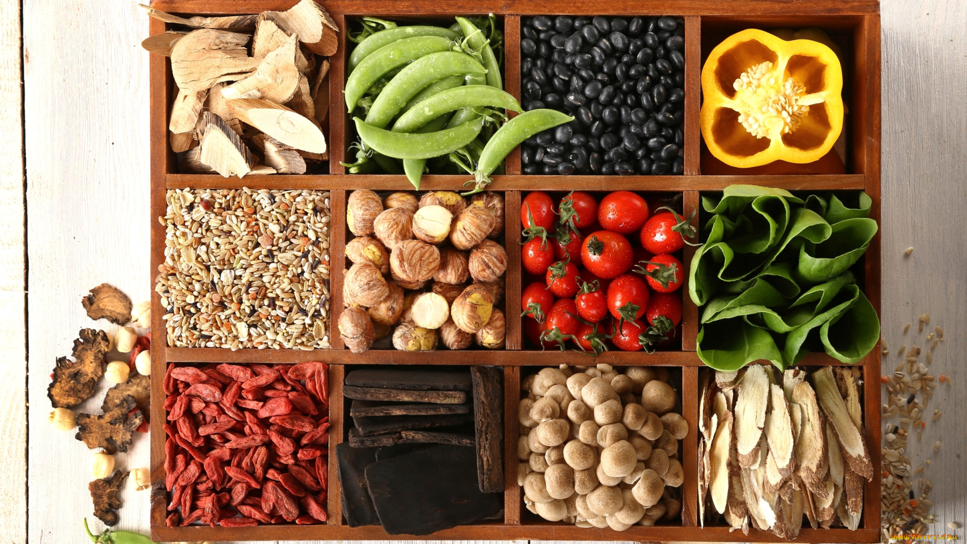 еда, разное, годжи, каштаны, черри, грибы, бобы, ассорти, перец, горох