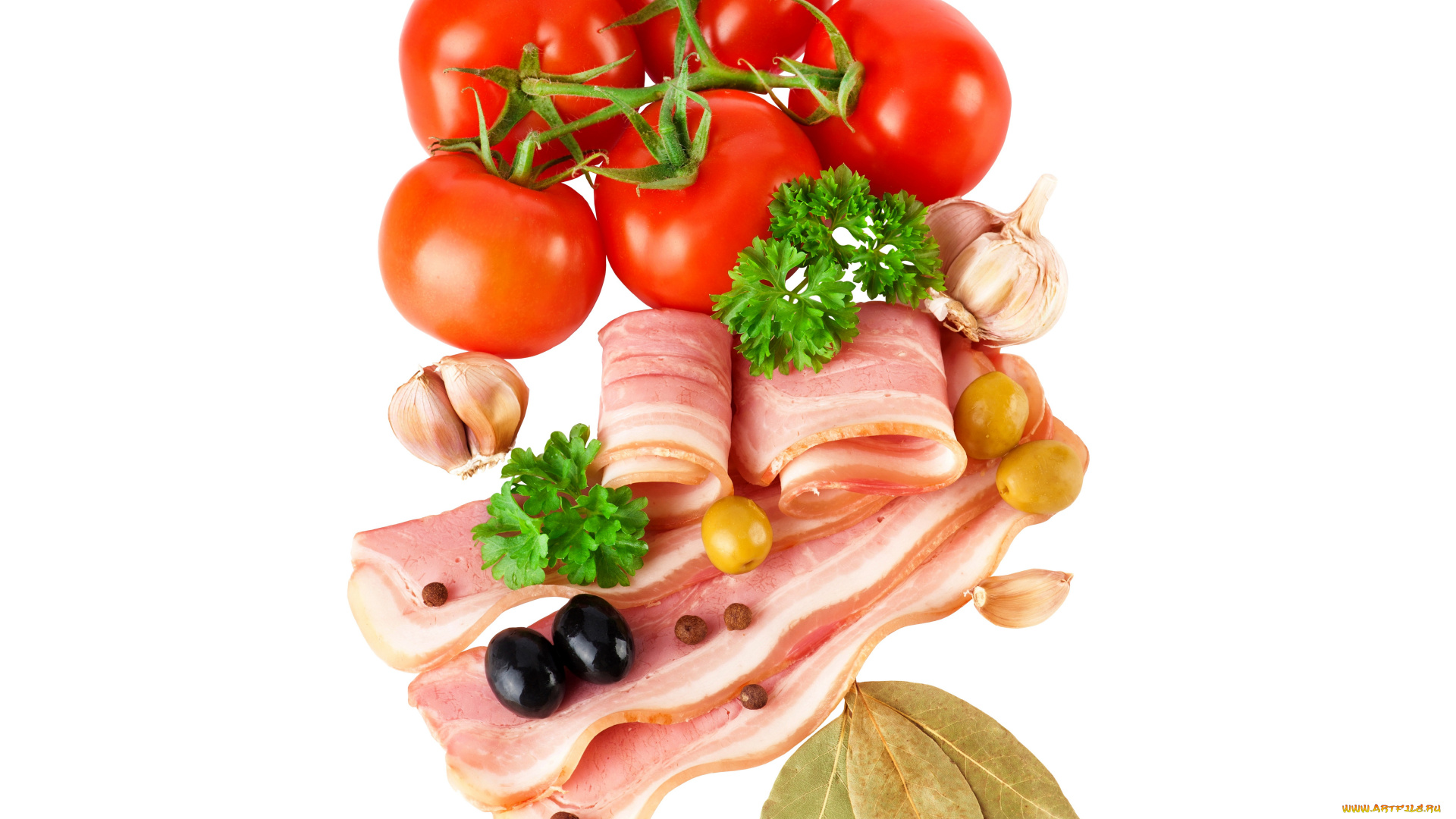 еда, разное, мясо, сало, помидоры, маслины, томаты