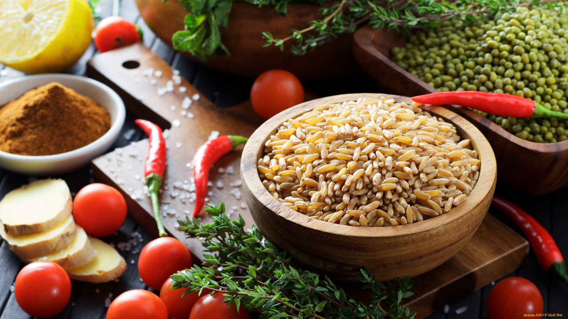 еда, разное, перец, чабрец, бобы, имбирь, куркума, помидоры, рис, томаты