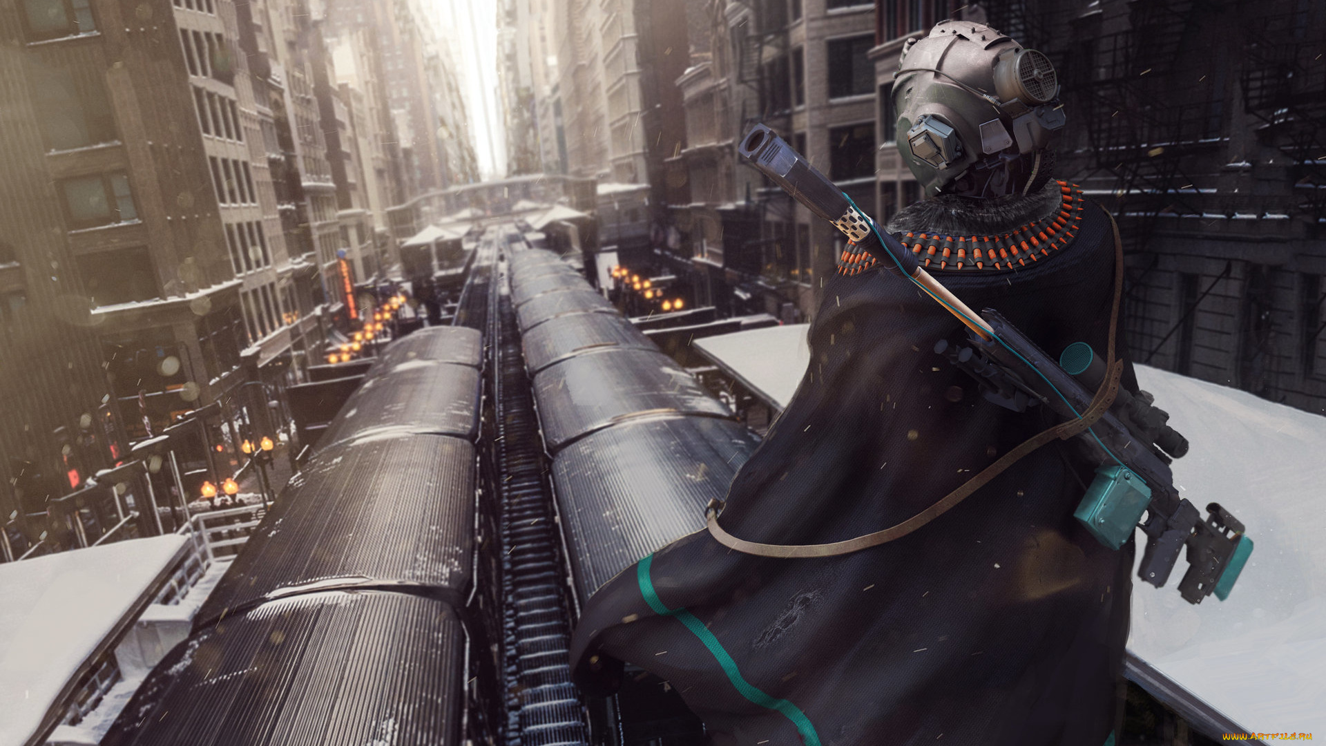 фэнтези, роботы, , киборги, , механизмы, плащ, шлем, дома, арт, фантастика, sci-fi, улица, оружие, рельсы