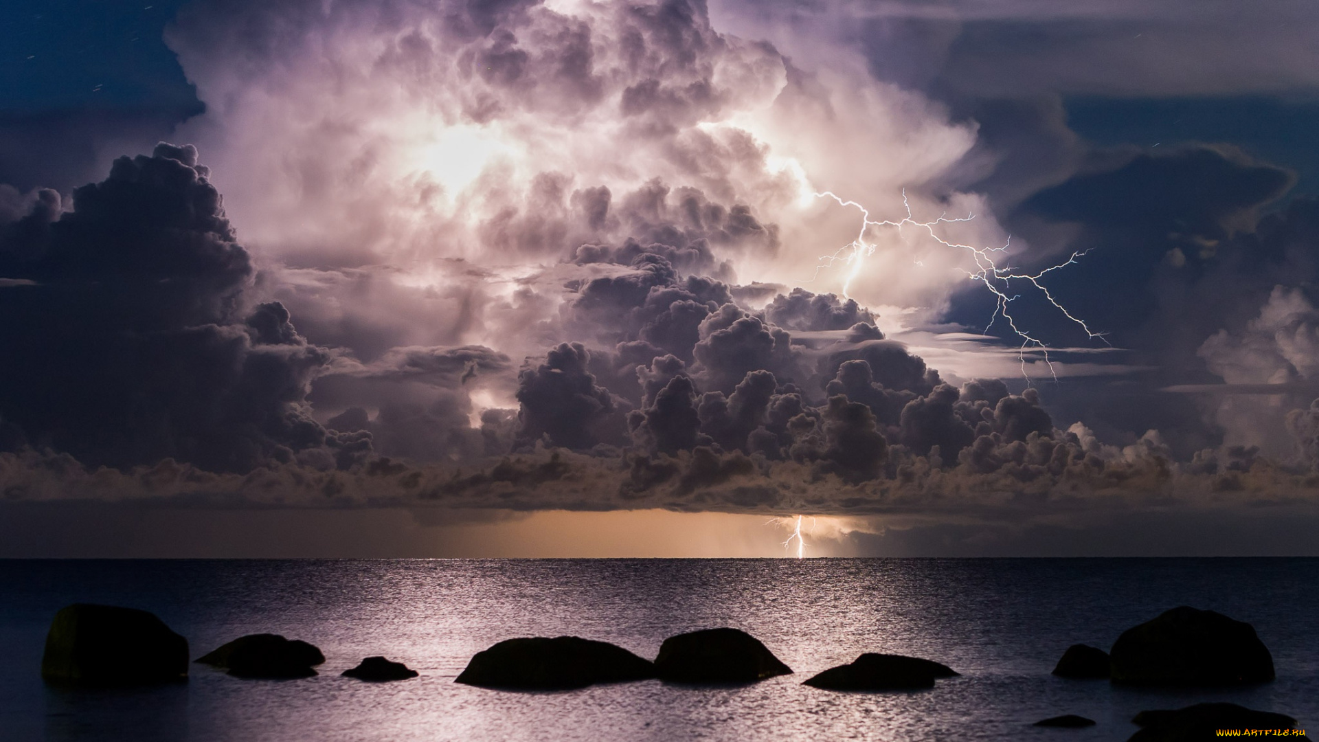 природа, молния, , гроза, море, ночь, небо, тучи, облака, свет