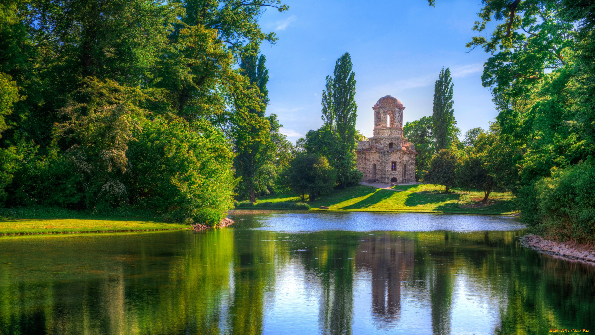 природа, парк, небо, дом, башня, пруд, деревья