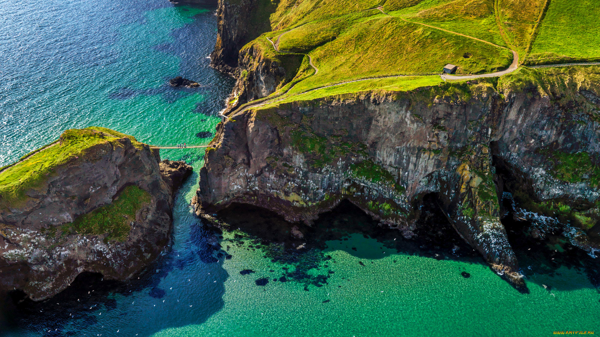 природа, побережье, ballintoy, carrick-a-rede, северная, ирландия, веревочный, мост, море, скалы, дорога, люди