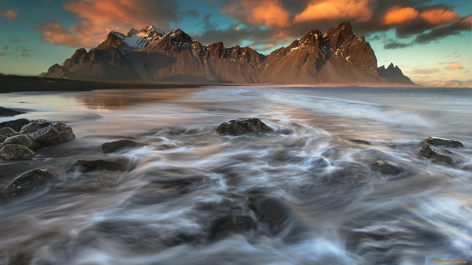 природа, побережье, исландия, vestrahorn, горы, море, волны, выдержка