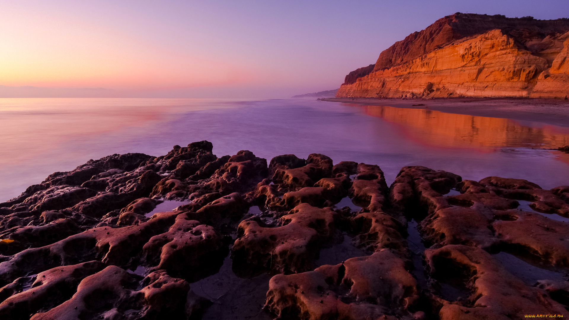 природа, побережье, небо, море, вечер, закат, отлив, скалы, камни