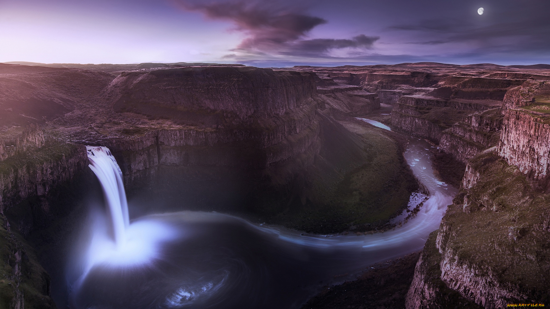 природа, водопады, каньон, облака, небо, сиреневое, ночь, долина, штат, вашингтон, водопад, сша, луна, месяц