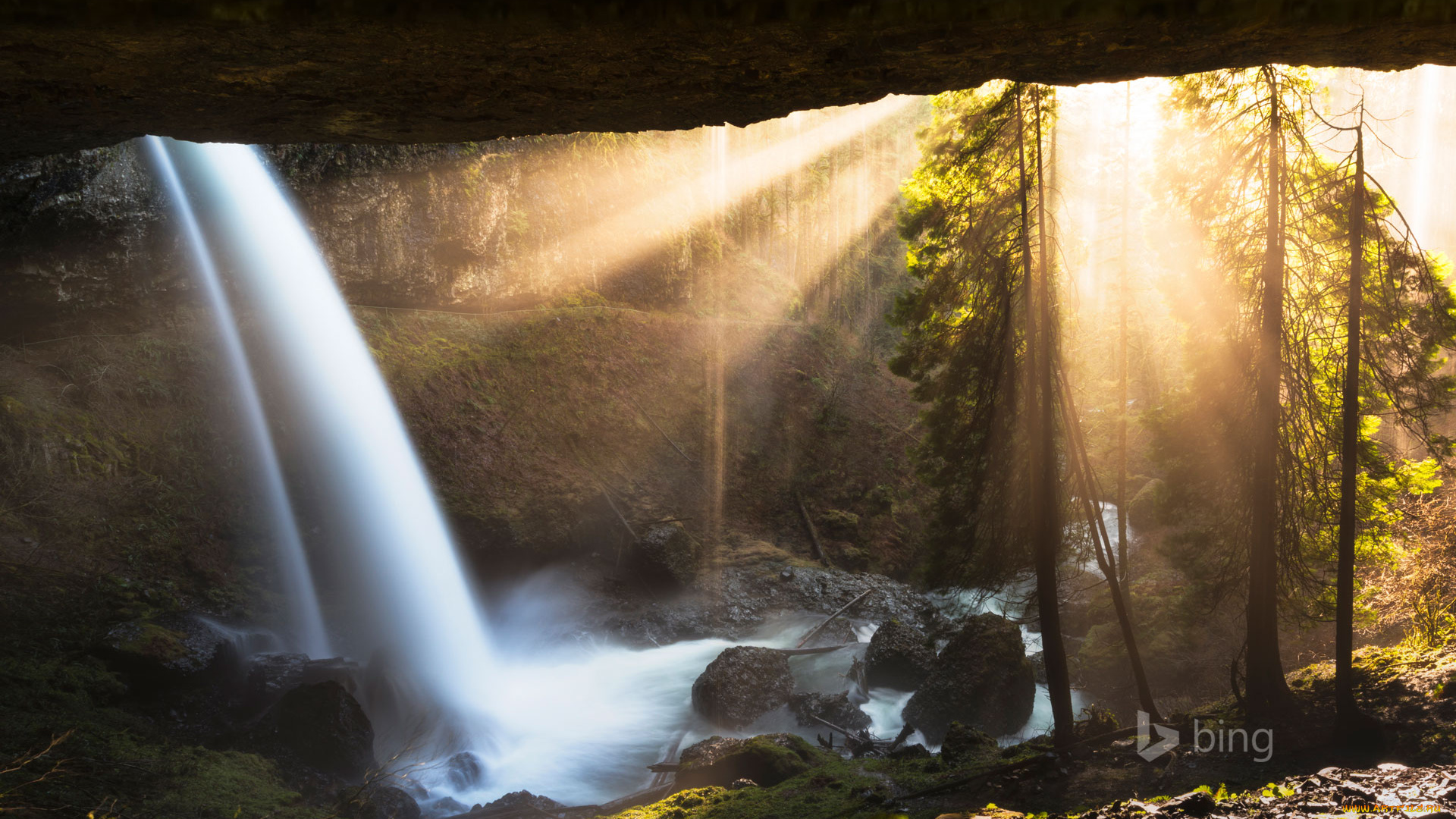 природа, водопады, лучи, лес, скала, камни, поток
