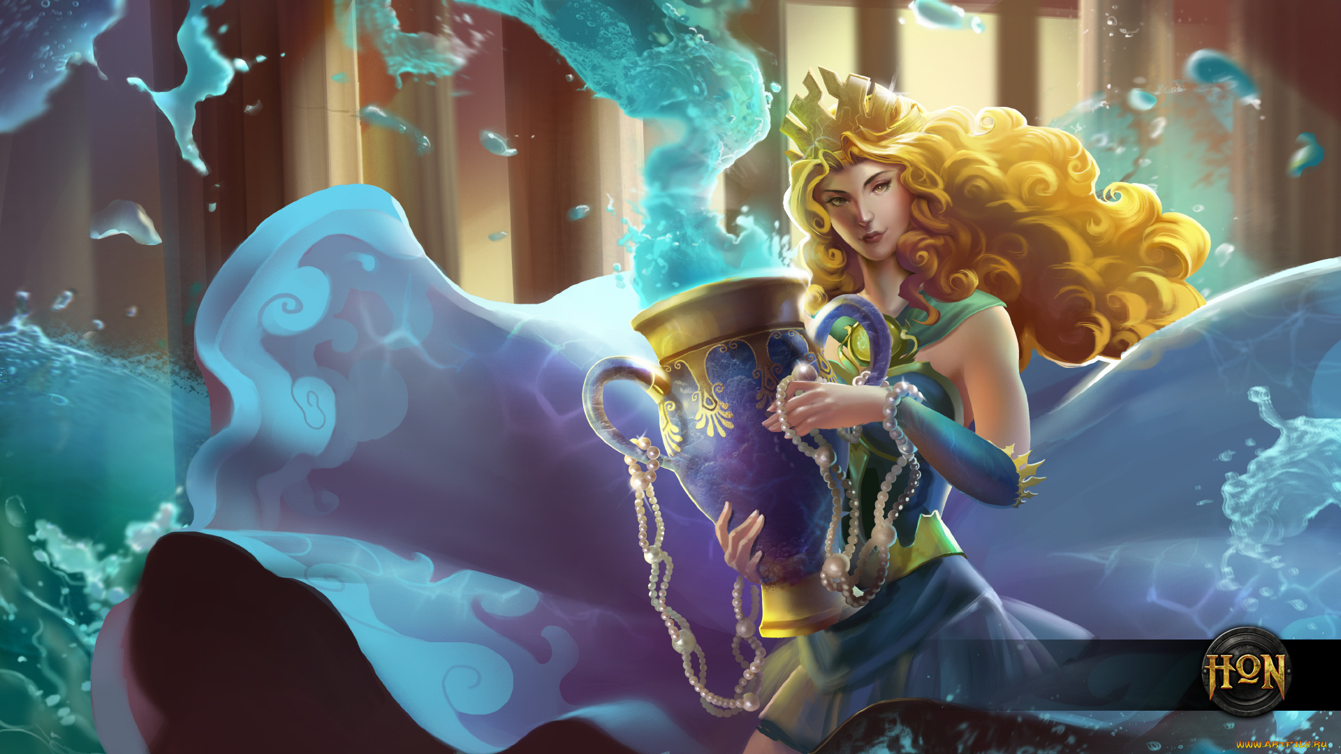 видео, игры, heroes, of, newerth, вода, ваза, девушка, блондинка, gravekeeper, wave, queen, hestia, heroes, of, newerth