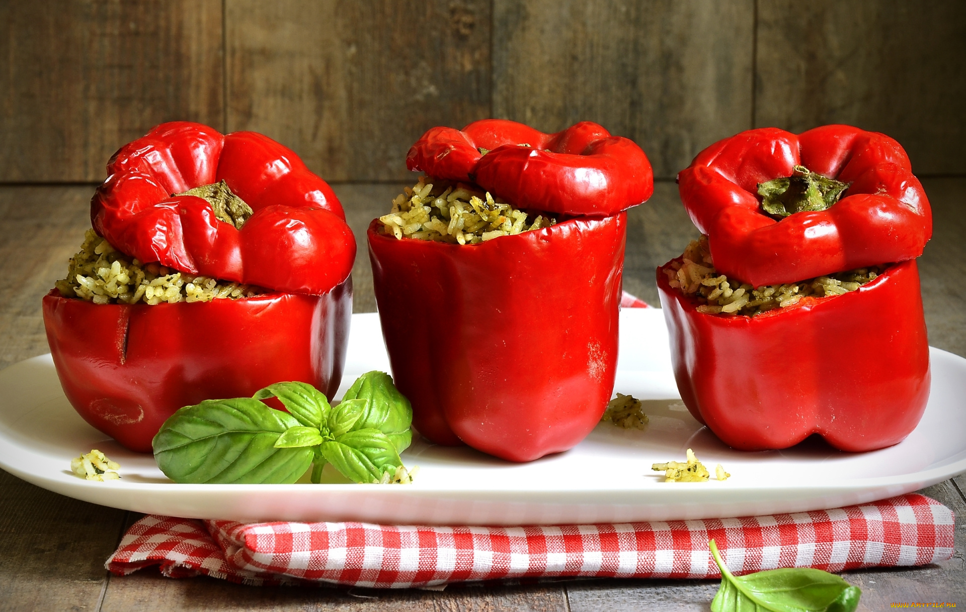 еда, перец, базилик, рис, фаршированные, перцы