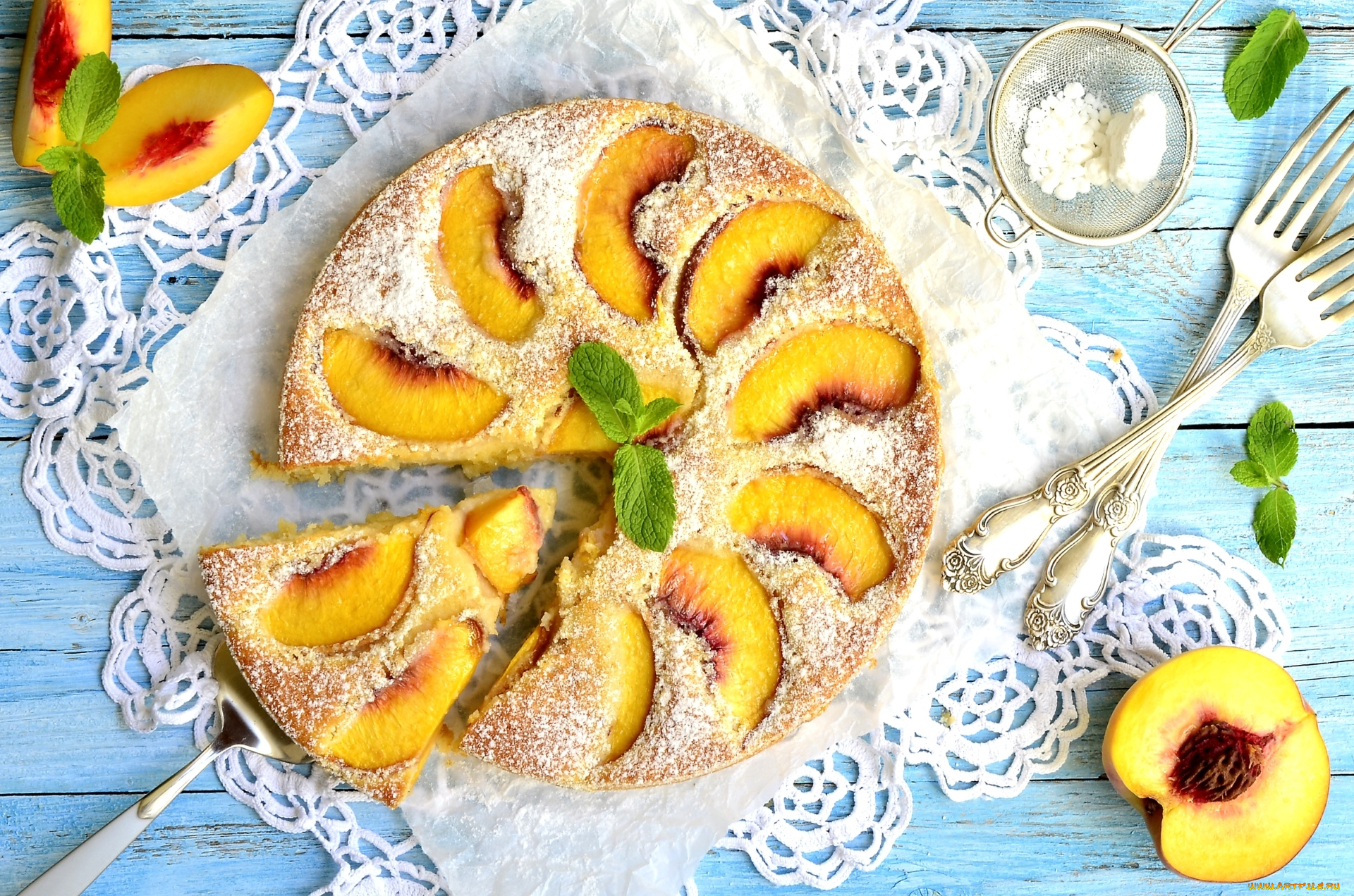 еда, пироги, сахарная, пудра, вилки, мята, персик, выпечка, пирог