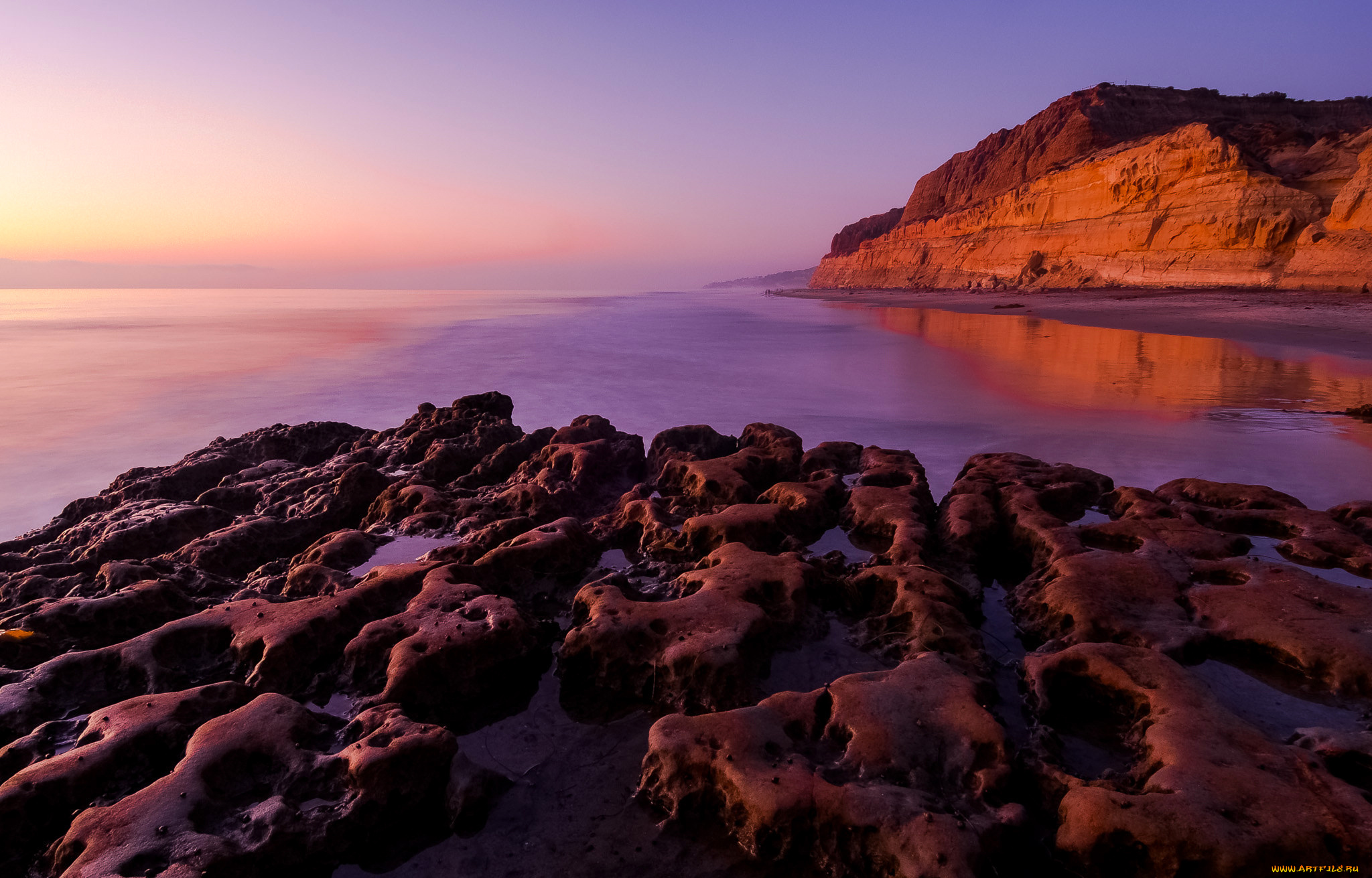 природа, побережье, небо, море, вечер, закат, отлив, скалы, камни