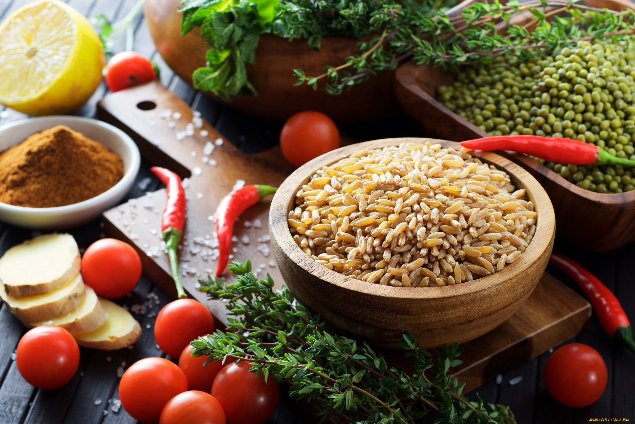 еда, разное, перец, чабрец, бобы, имбирь, куркума, помидоры, рис, томаты