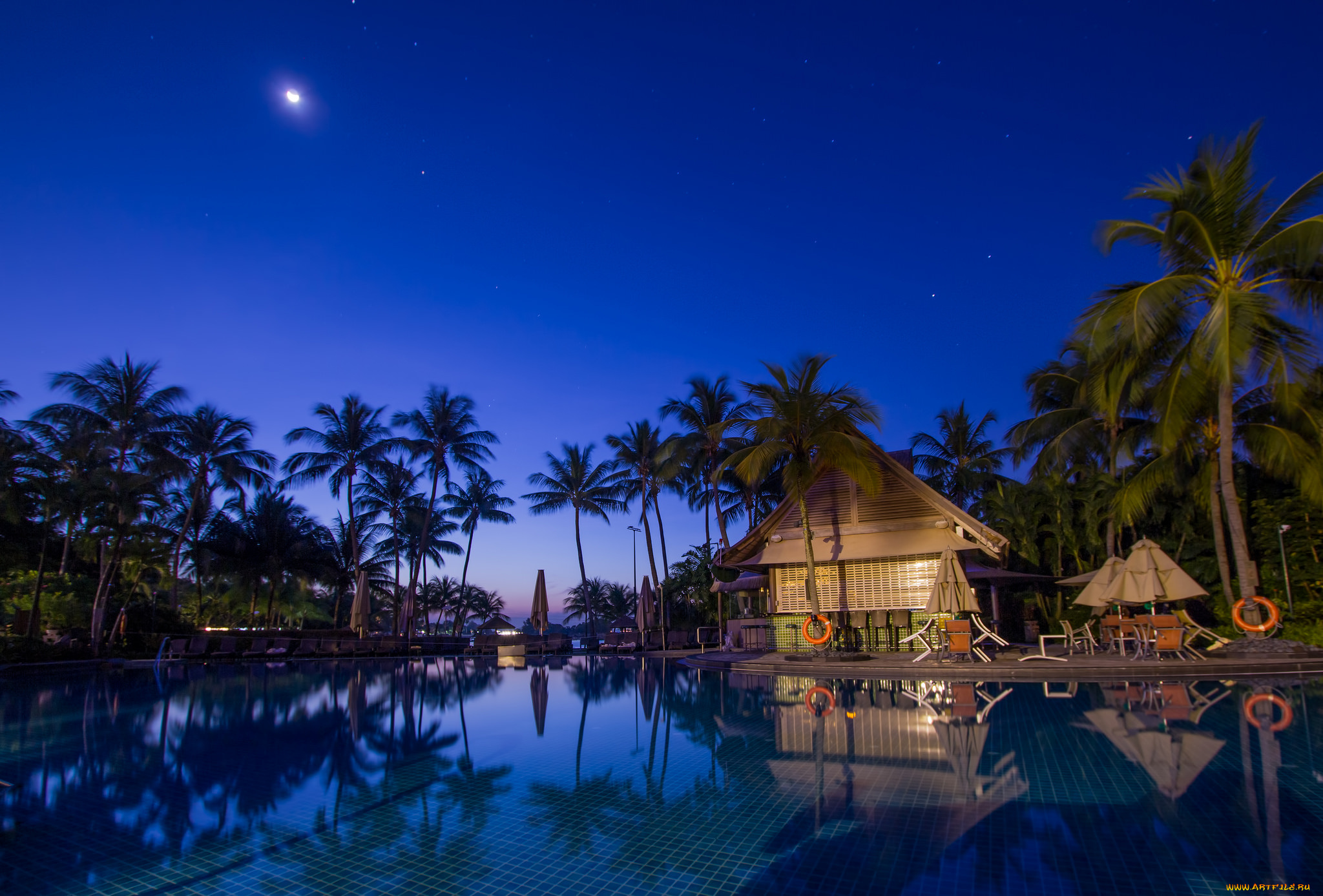 природа, тропики, ночь, бунгало, пальмы, водоем
