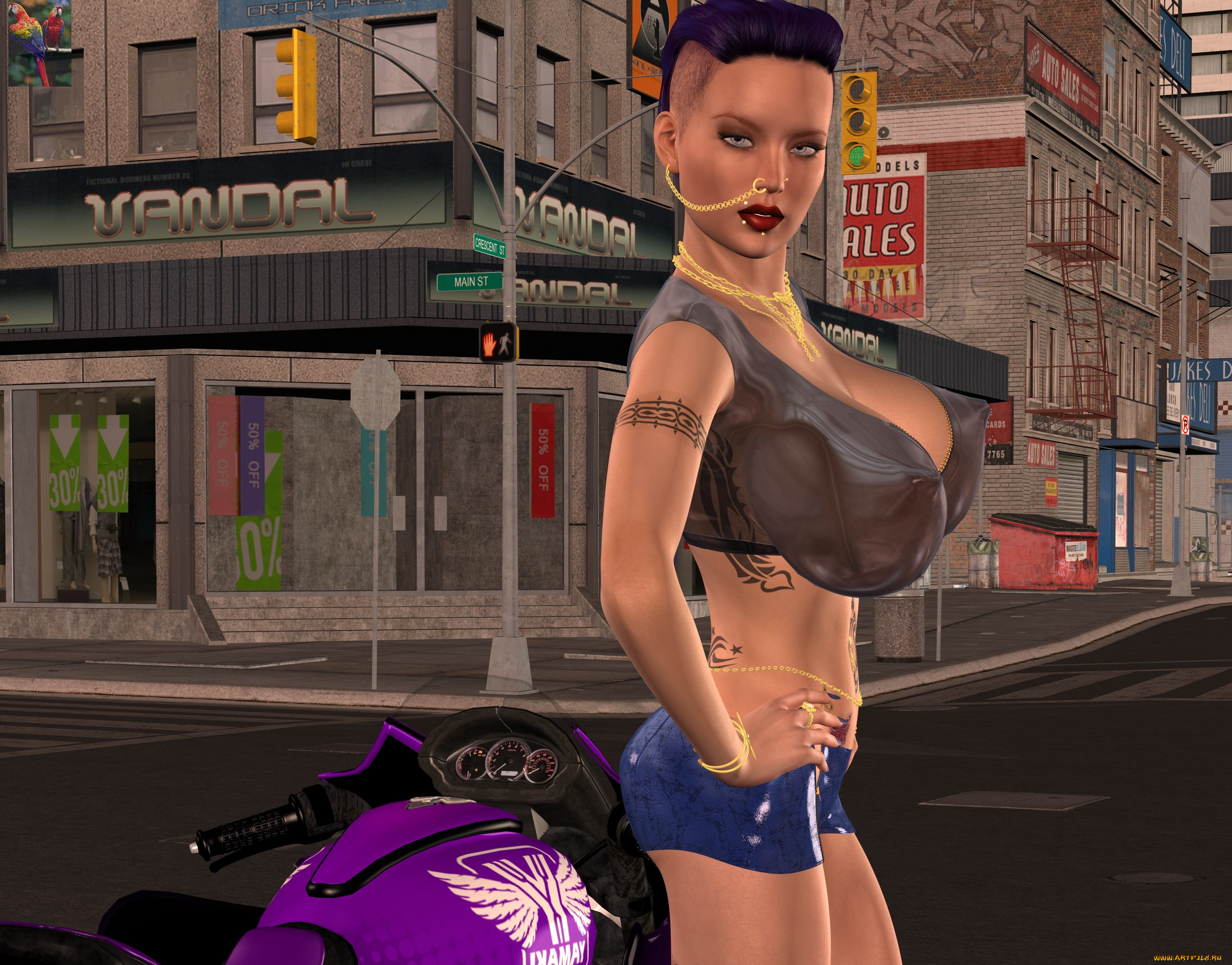 мотоциклы, 3d, девушка, взгляд, фон, мотоцикл, тату