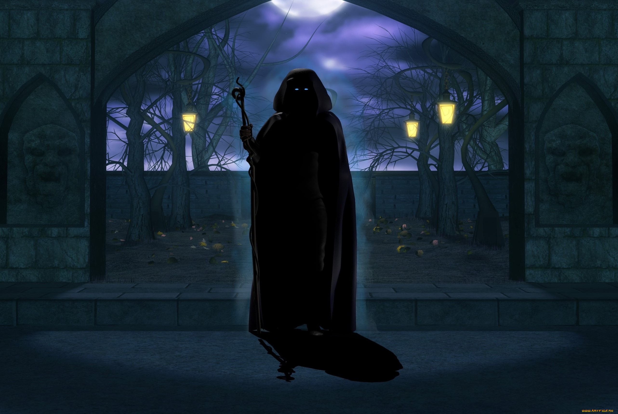 3д, графика, ужас, , horror, глаза, накидка, фонари