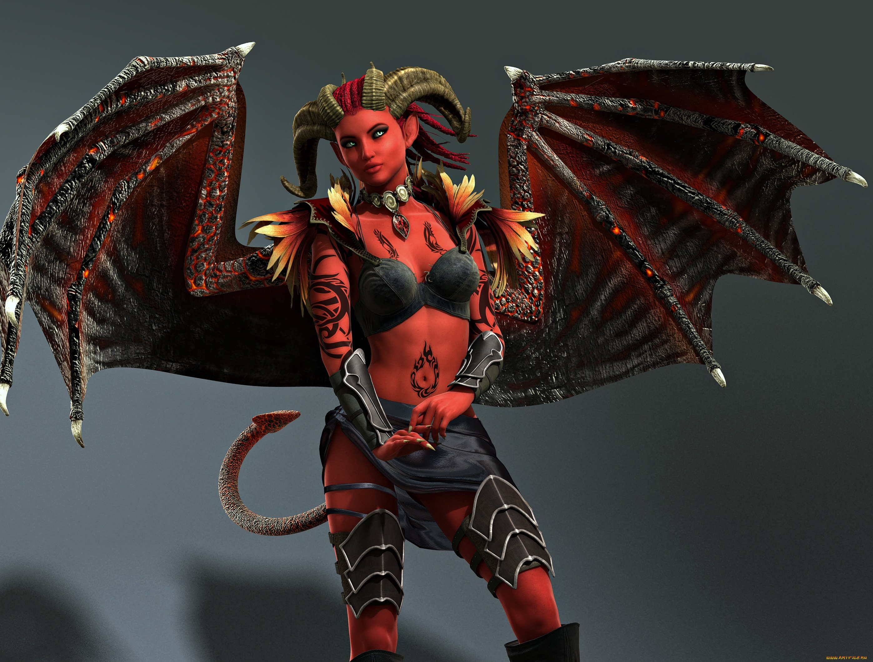 3д, графика, существа, , creatures, кастаника, рога, крылья, взгляд, фон