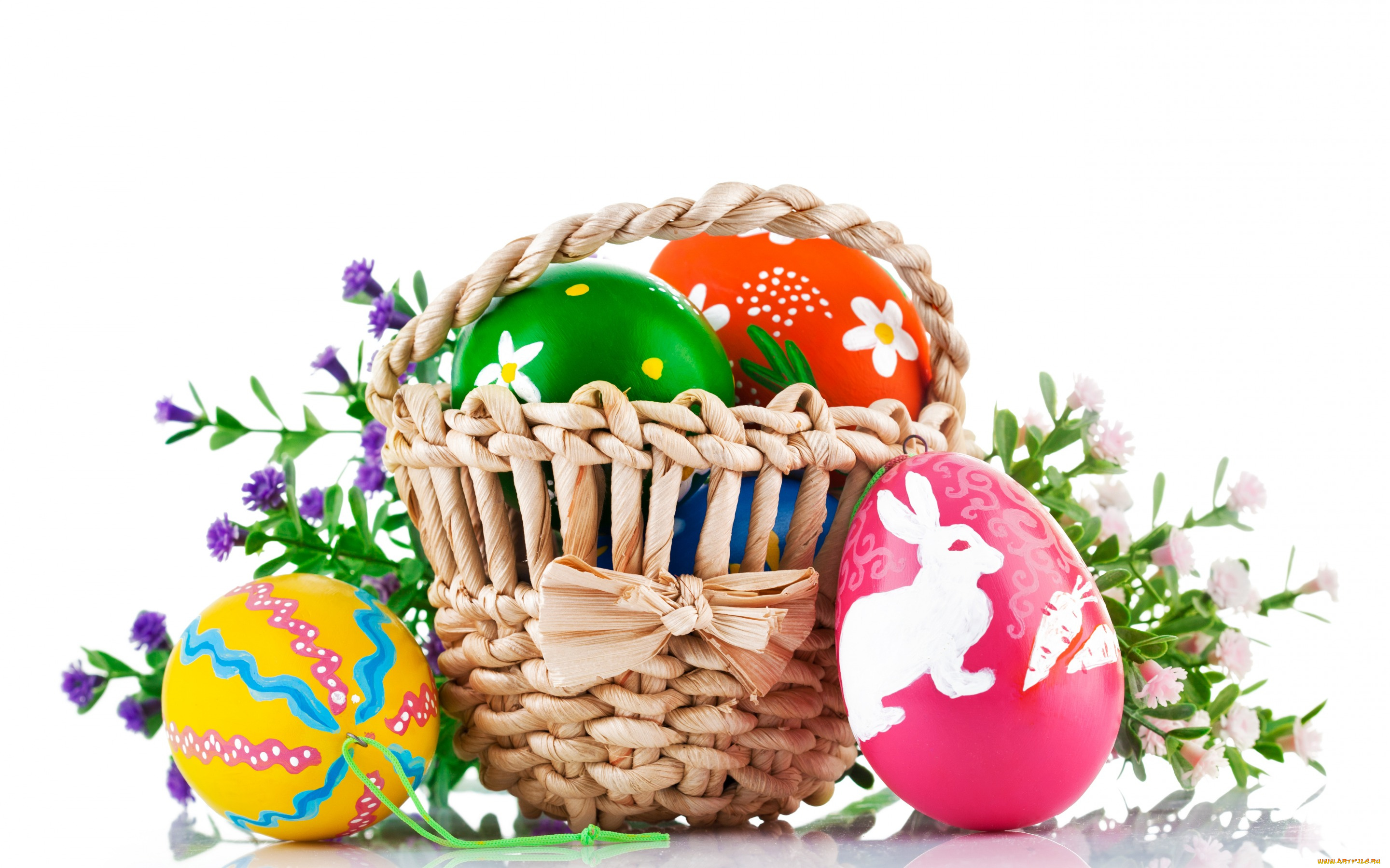 праздничные, пасха, корзинка, цветочки, яйца, белый, фон