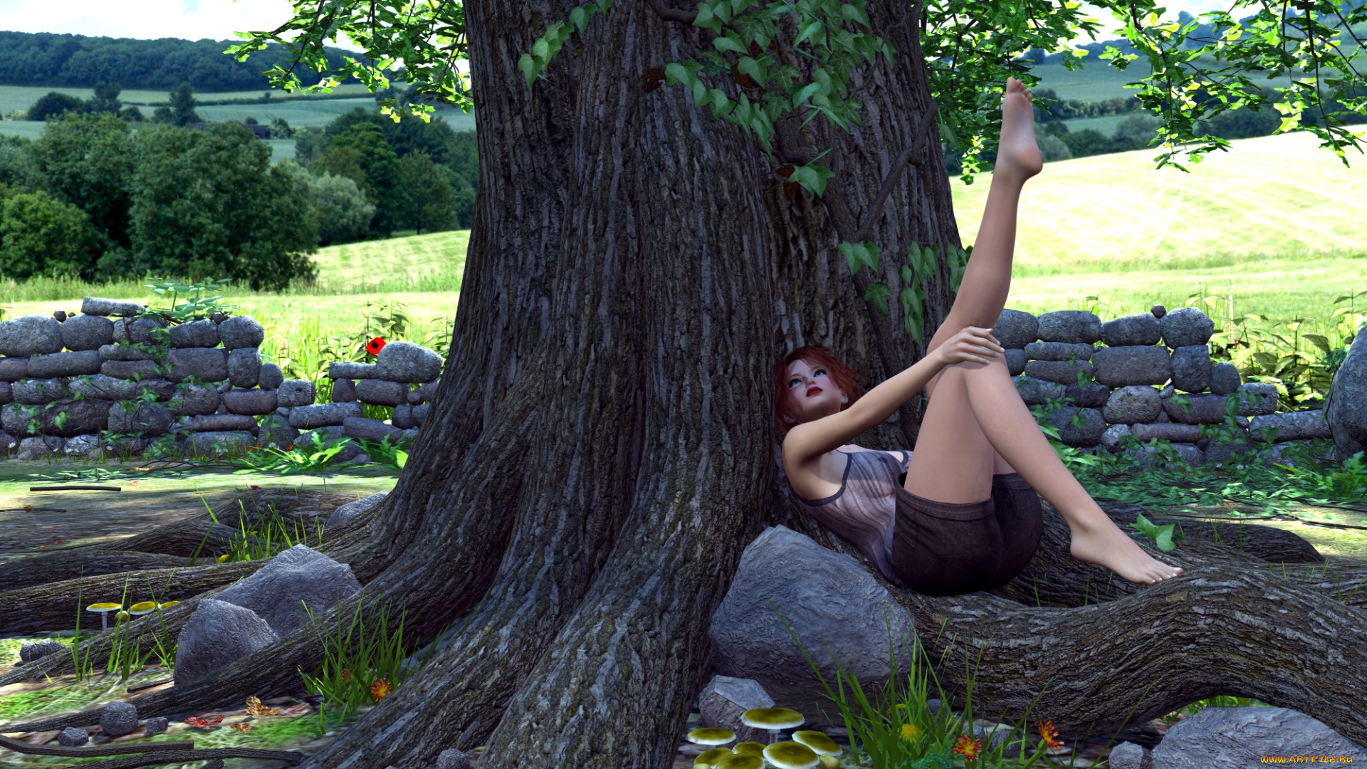 3д, графика, люди, , people, девушка, взгляд, фон, дерево