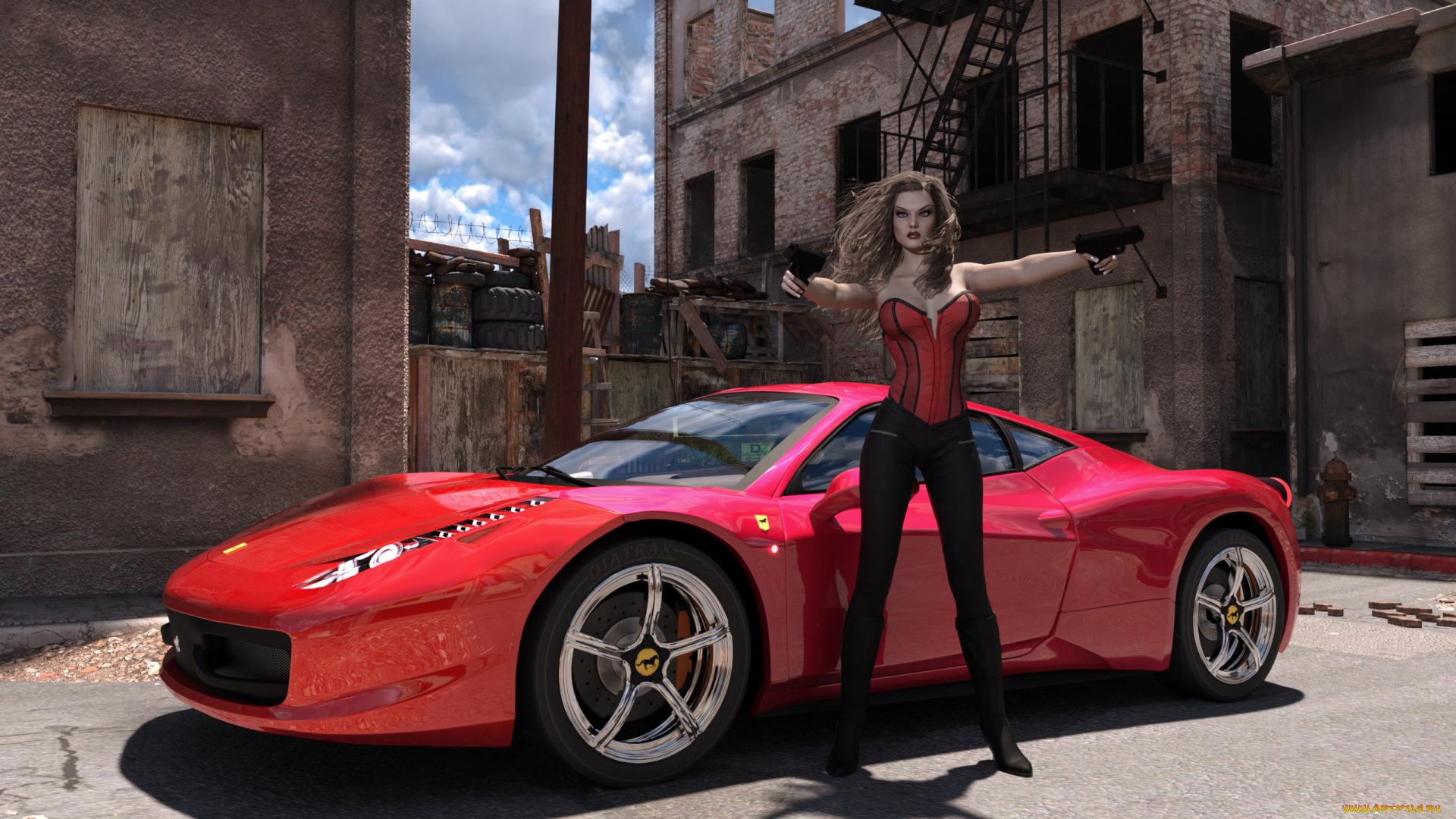 3д, графика, люди-авто, мото, , people-, car, , , moto, девушка, оружие, фон, взгляд