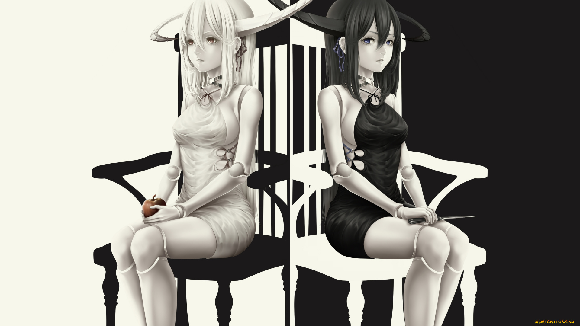 аниме, оружие, , техника, , технологии, куклы, арт, рога, яблоко, нож, стулья, девушки, bouno, satoshi