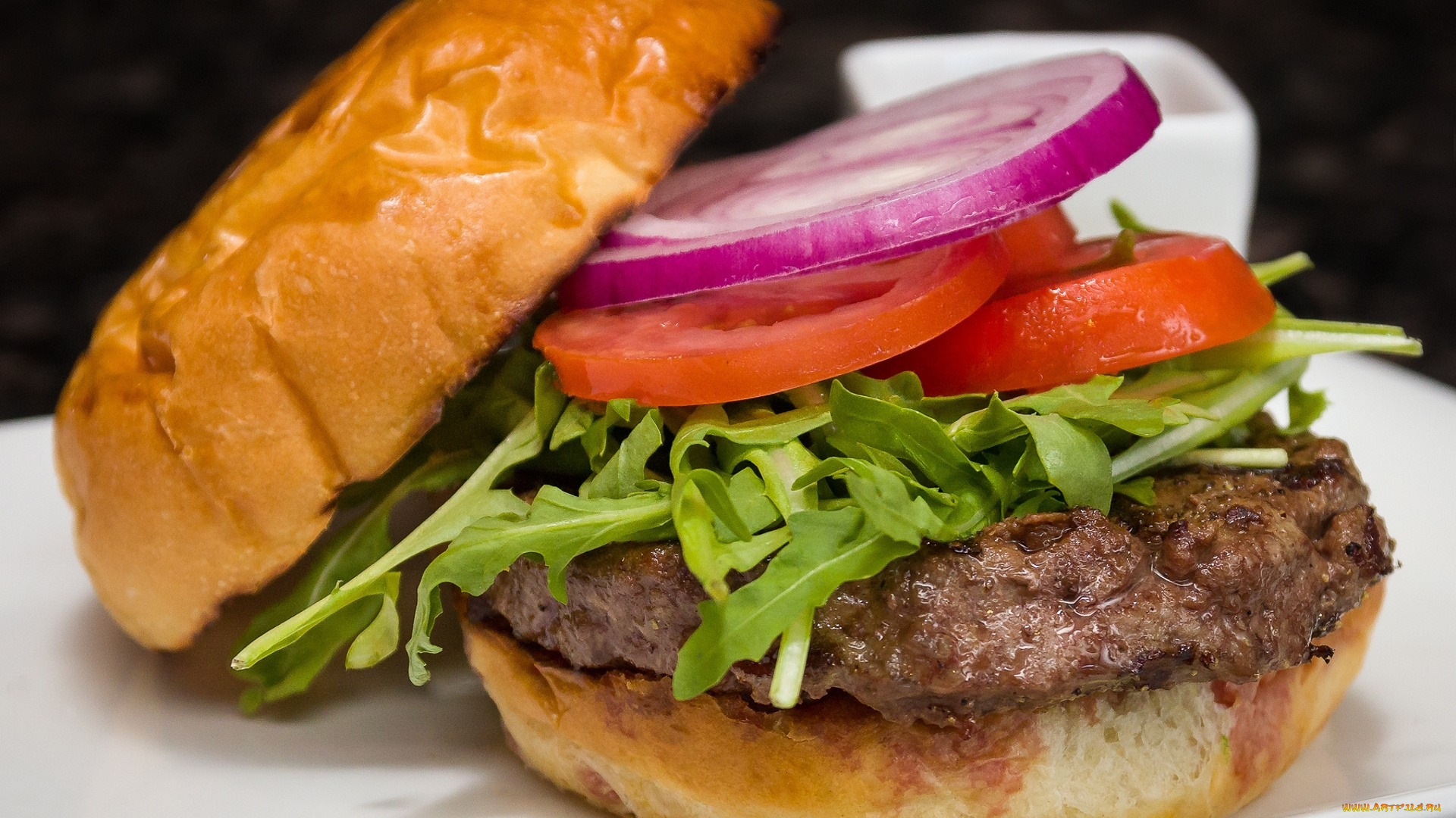 еда, бутерброды, , гамбургеры, , канапе, гамбургер, котлета, лук, салат, помидор