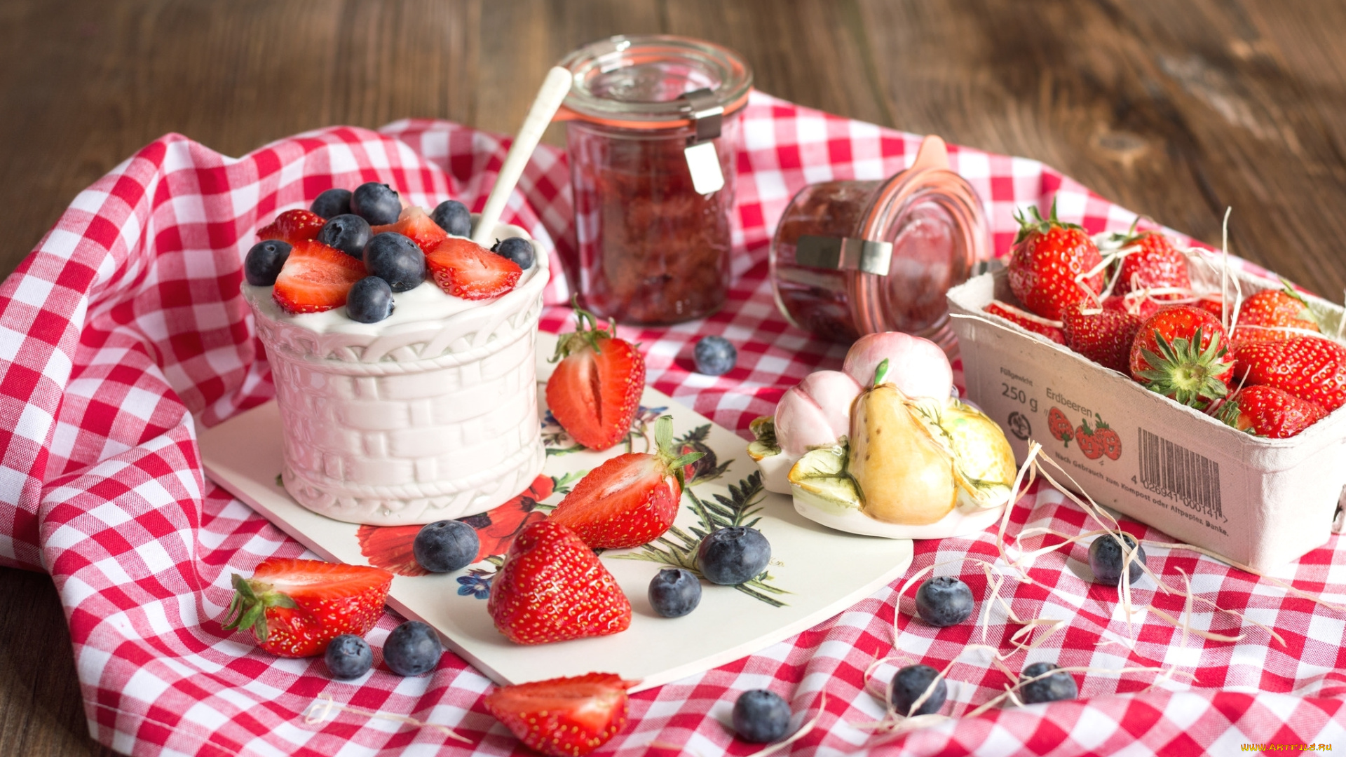 еда, фрукты, , ягоды, десерт, йогурт, клубника, голубика