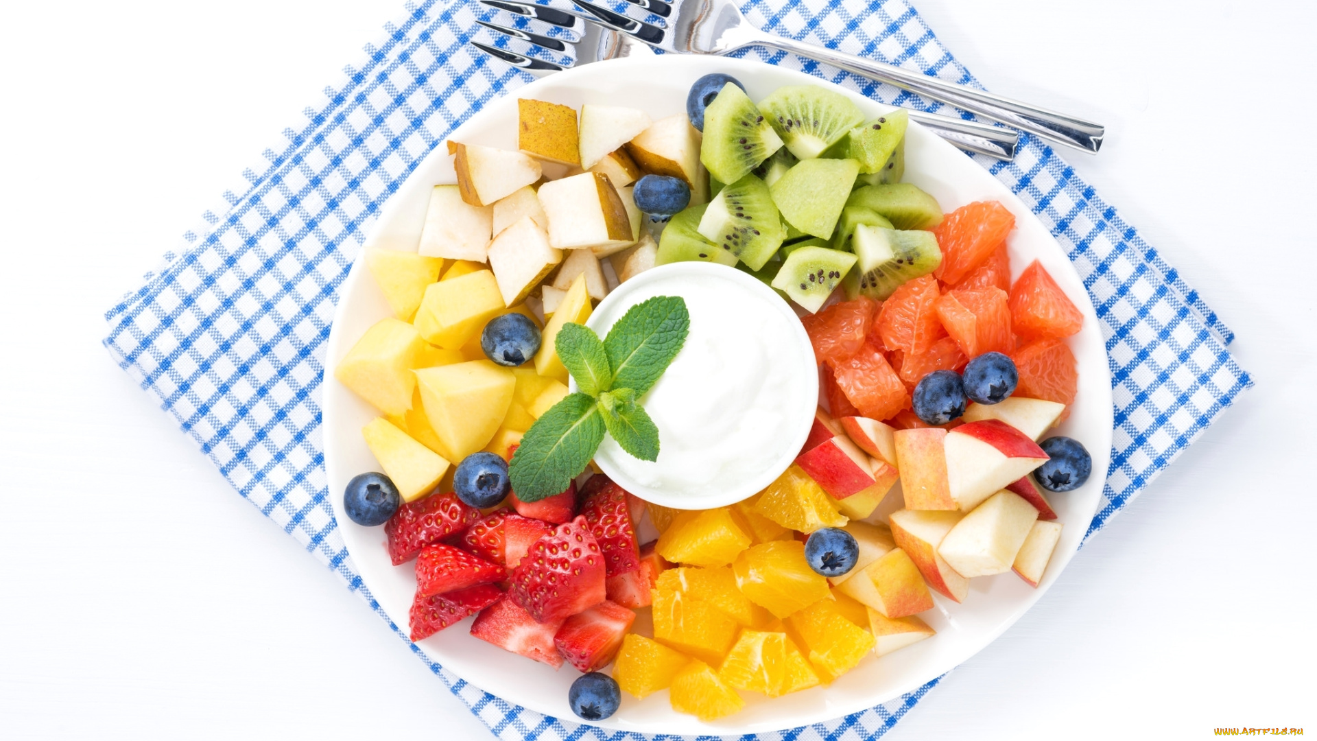 еда, фрукты, , ягоды, яблоко, киви, клубника, апельсин, грейпфрут, голубика, йогурт, мята, груша, ананас