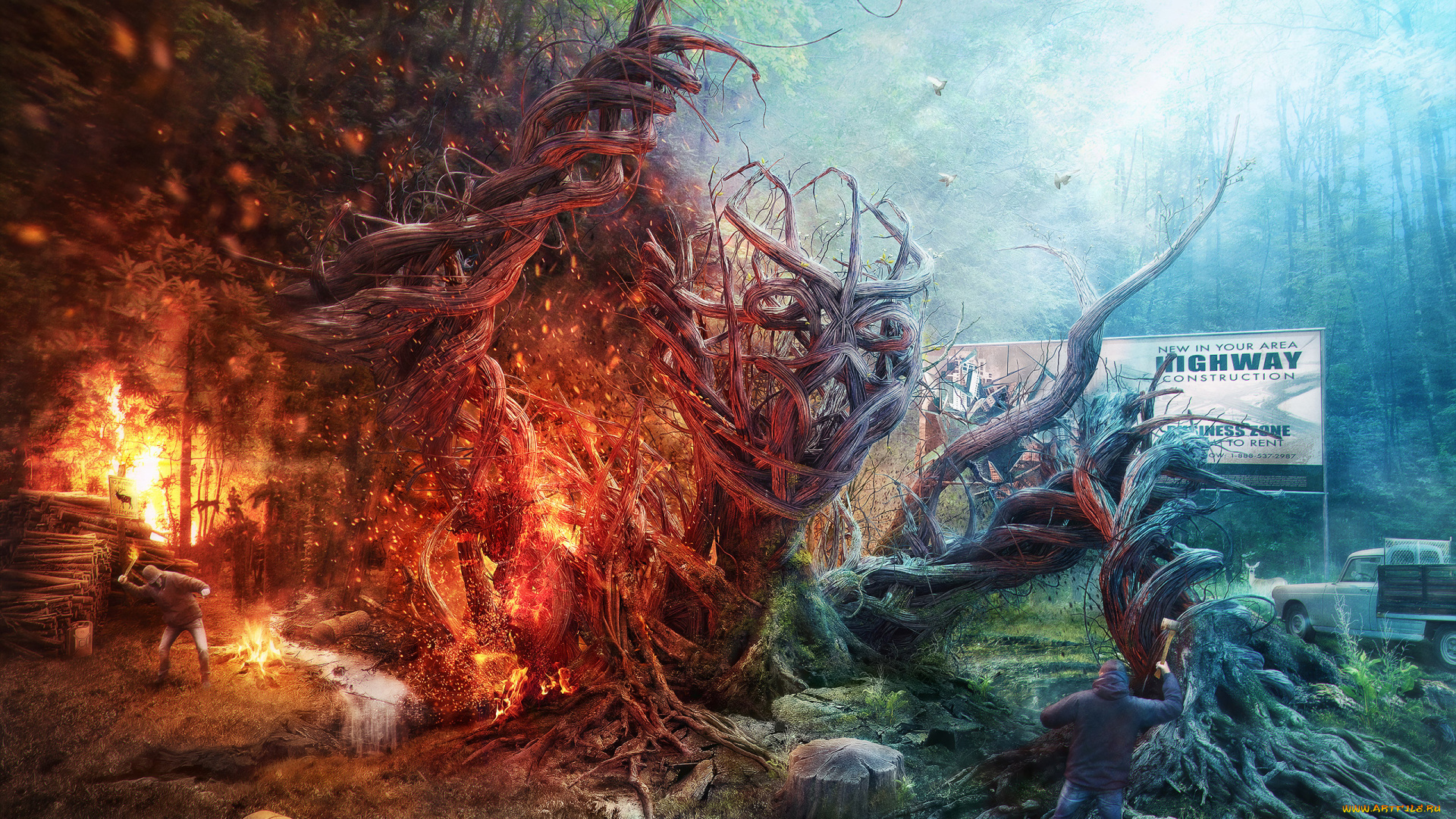 фэнтези, фотоарт, огонь, лес