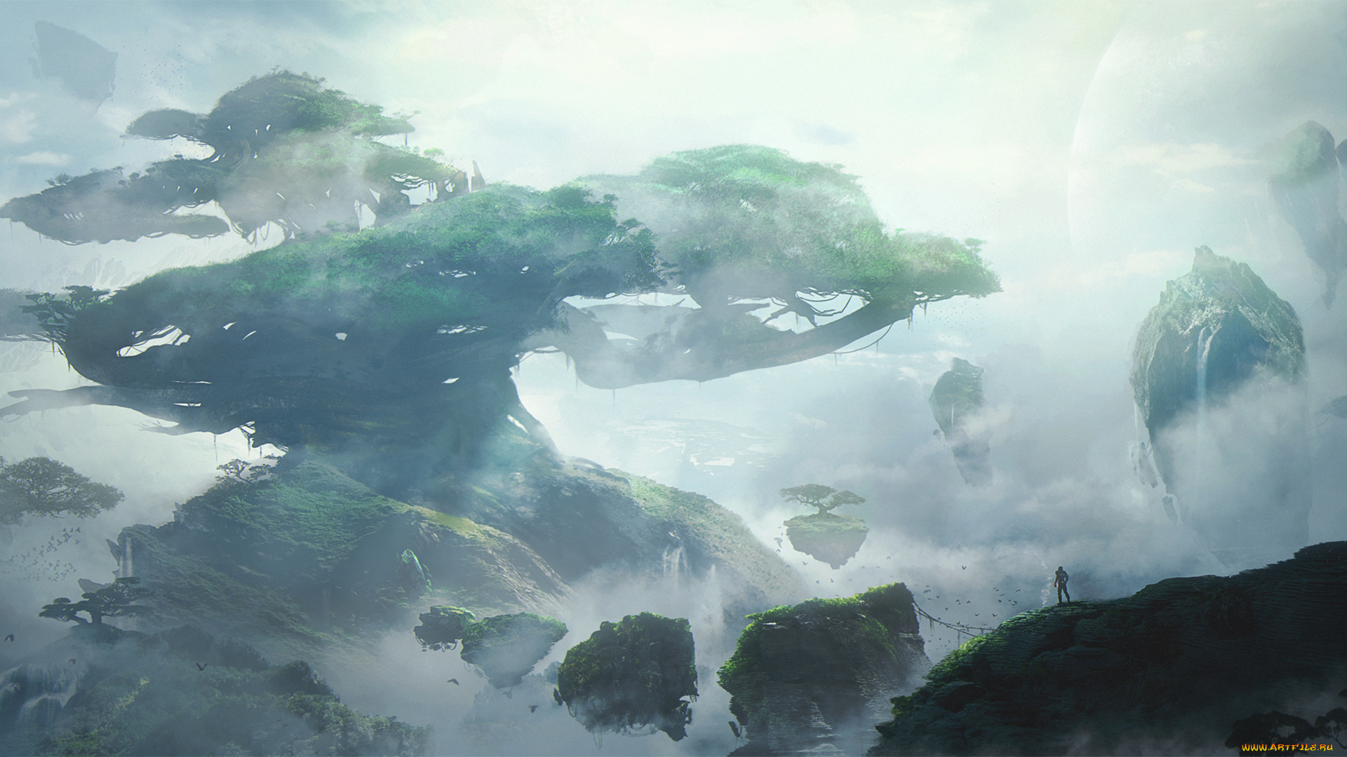 фэнтези, пейзажи, человек, облака, остров, небо, древо, дерево, tree, of, life, фантастика, пейзаж