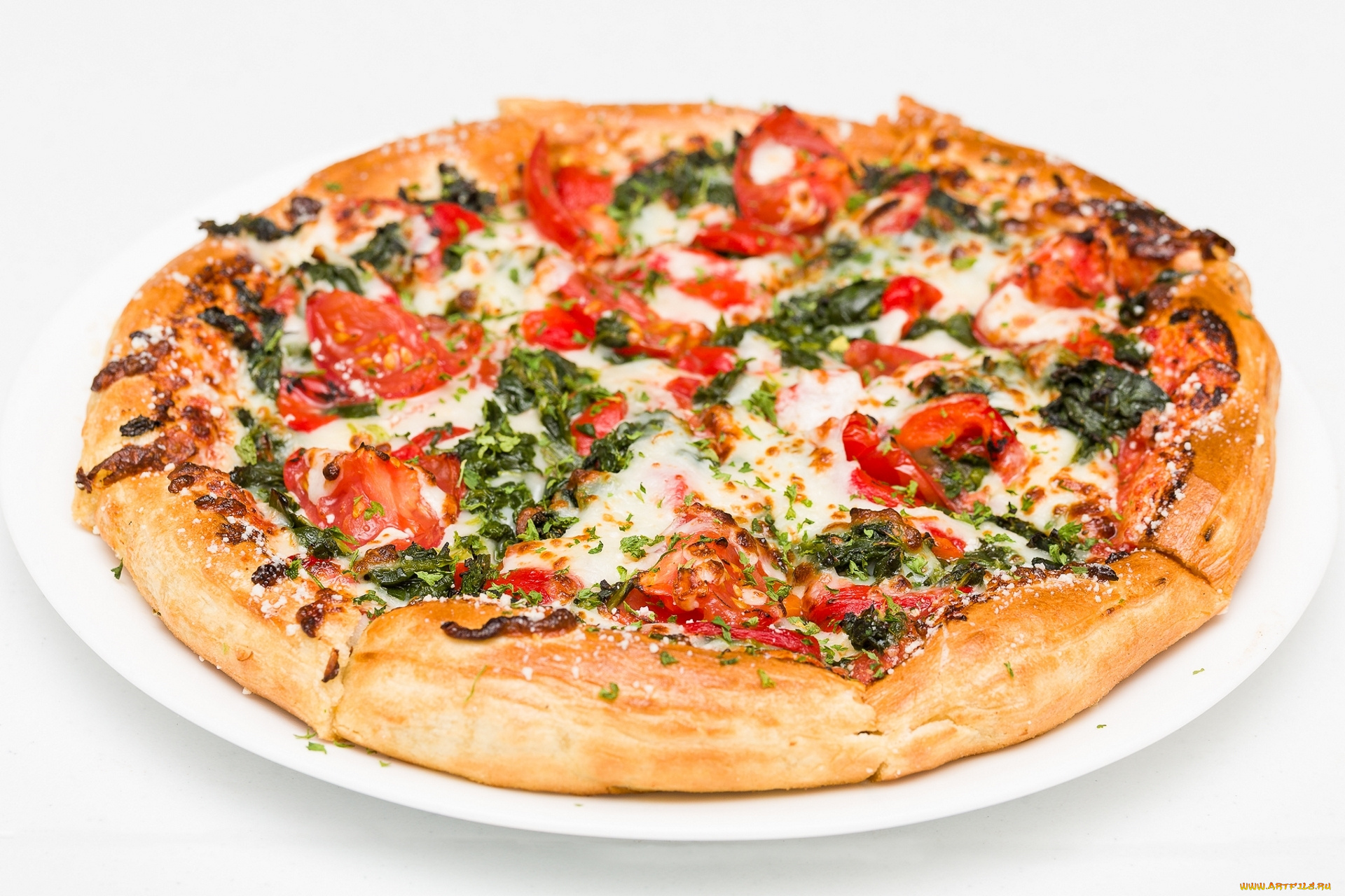 еда, пицца, начинка, помидоры, сыр