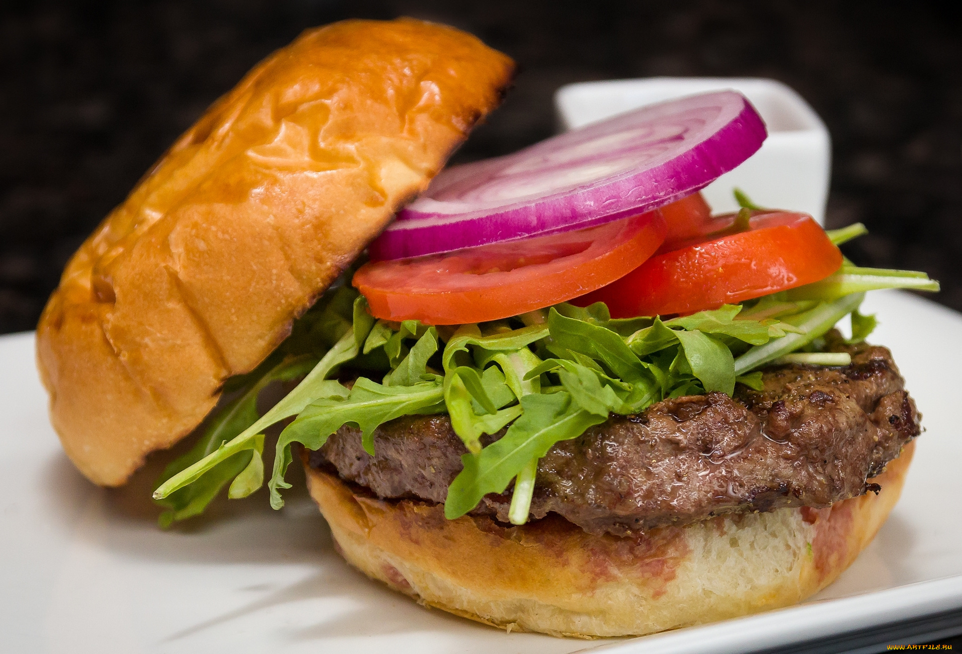 еда, бутерброды, , гамбургеры, , канапе, гамбургер, котлета, лук, салат, помидор