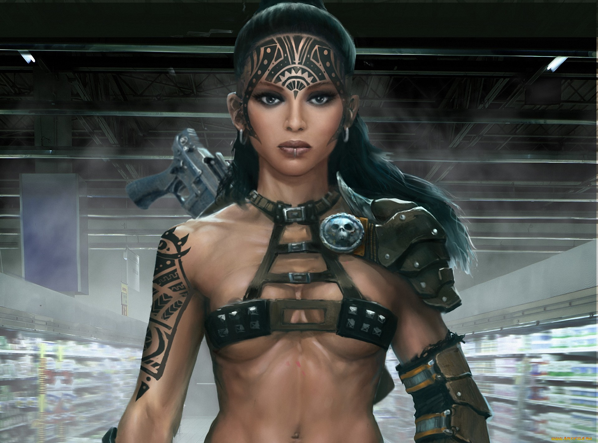 фэнтези, девушки, татуировки, оружие, девушка, арт, супермаркет