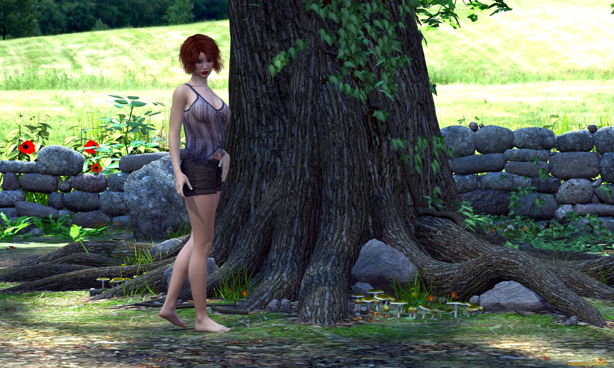 3д, графика, люди, , people, дерево, фон, взгляд, девушка