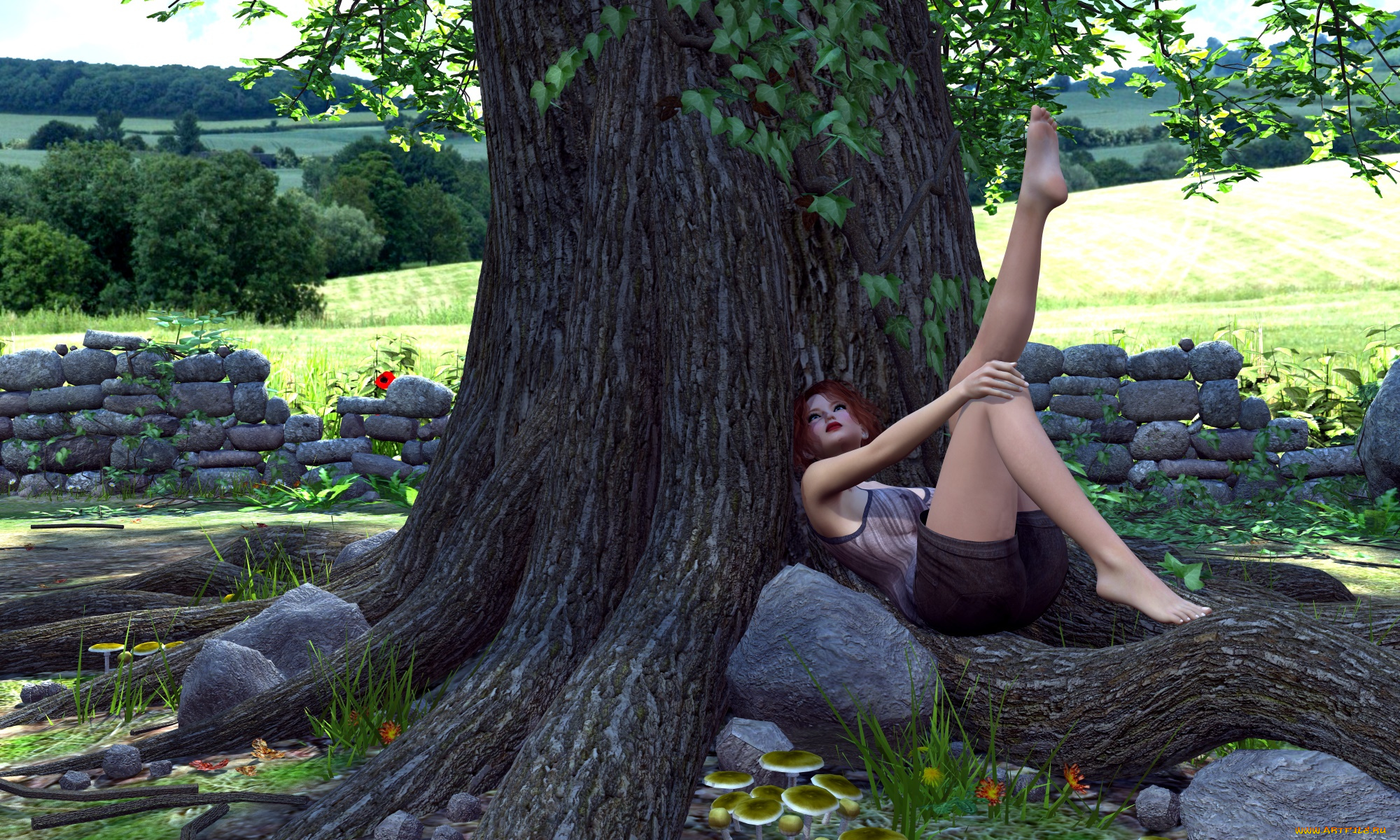 3д, графика, люди, , people, девушка, взгляд, фон, дерево