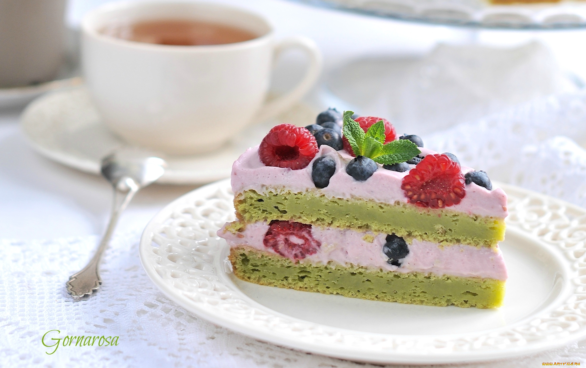 еда, торты, крем, мята, чай, голубика, малина, ягоды, кусок, торт