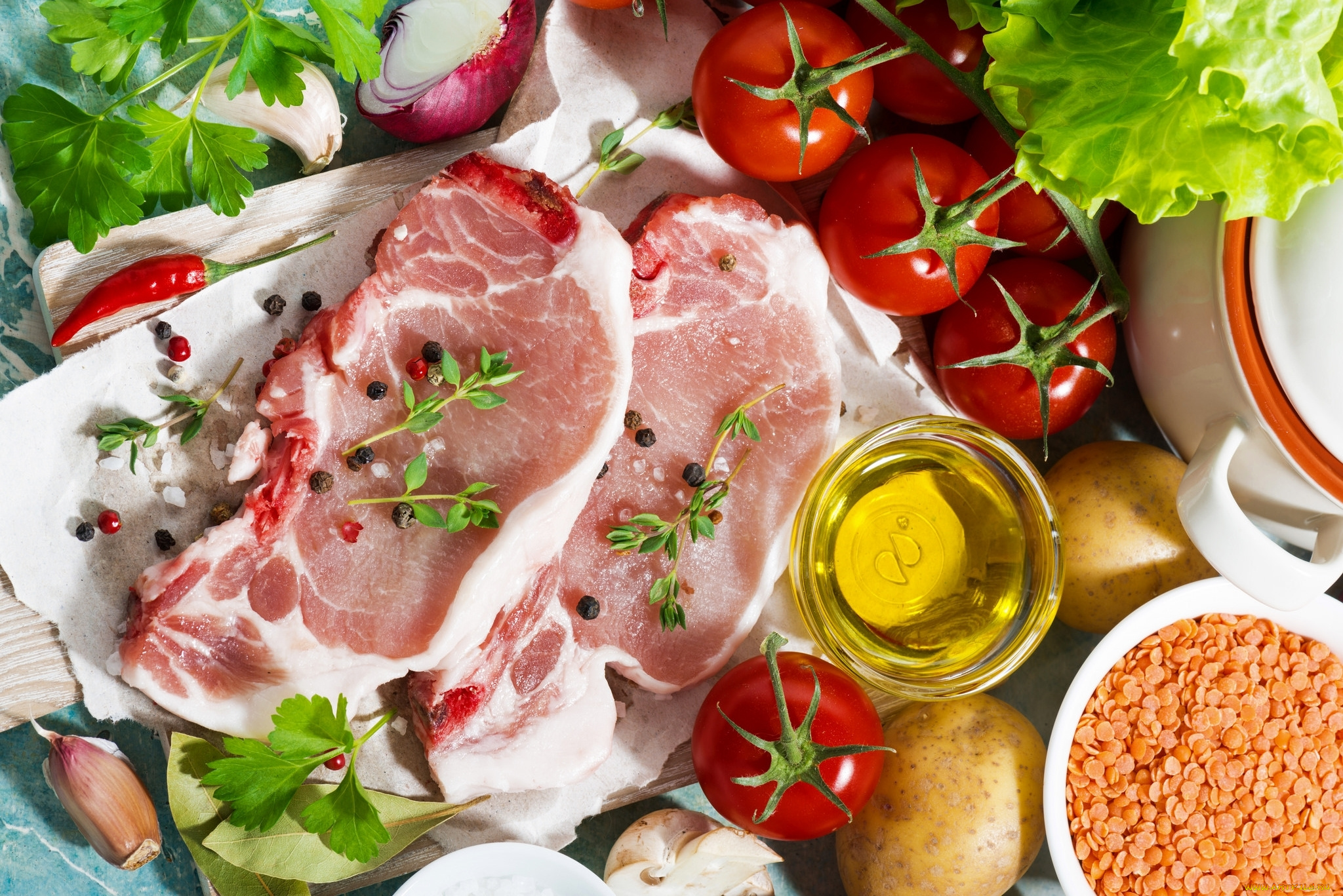 еда, разное, мясо, специи, помидоры, лук, перец, салат, чечевица, томаты