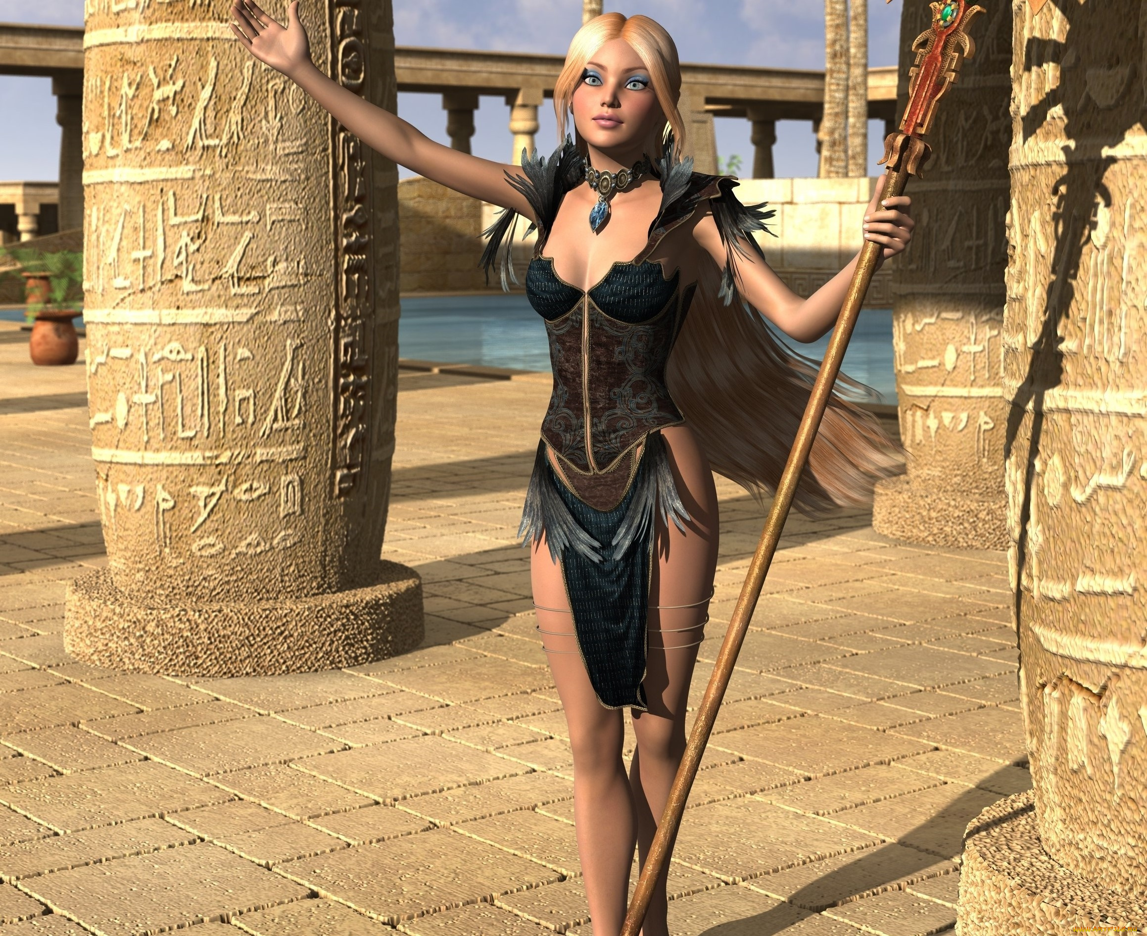 3д, графика, фантазия, , fantasy, девушка, тотем, фон, взгляд